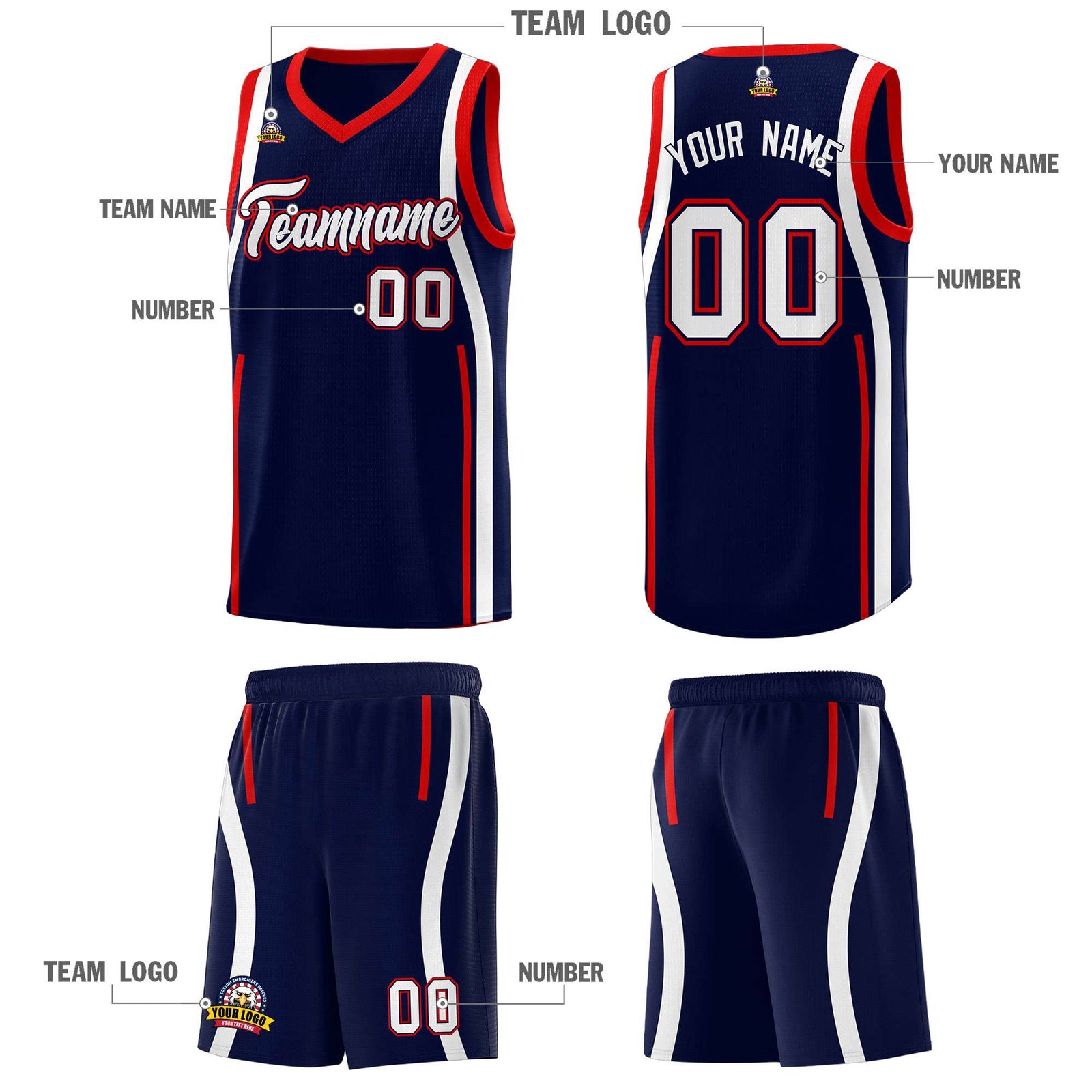 Custom Navy Red-White Ribbon Pattern Basketball Kits