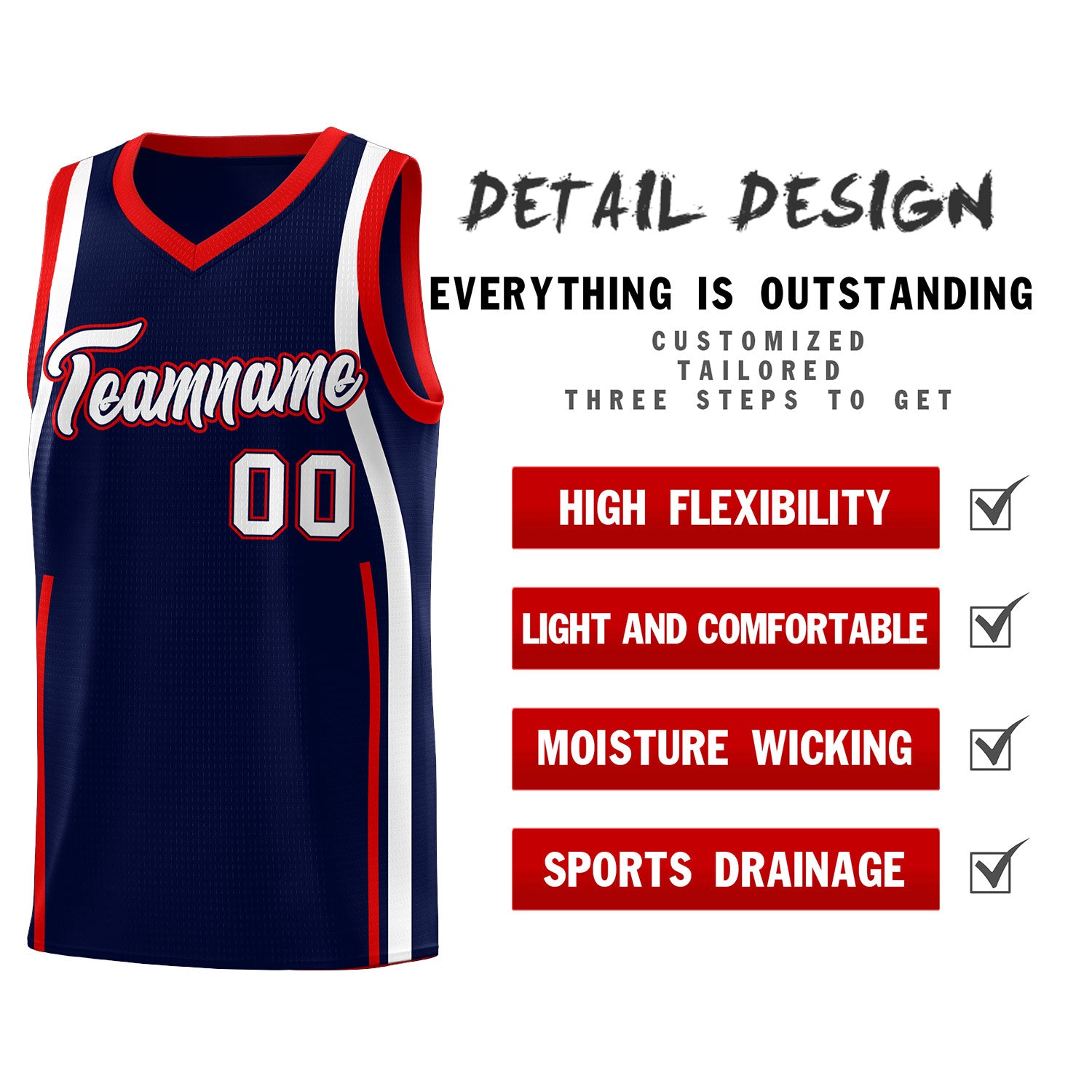 Custom Navy Red-White Ribbon Pattern Basketball Kits