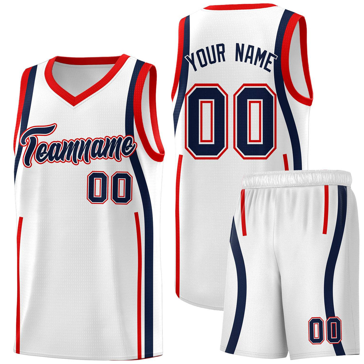 Custom White Navy-Red Ribbon Pattern Basketball Kits