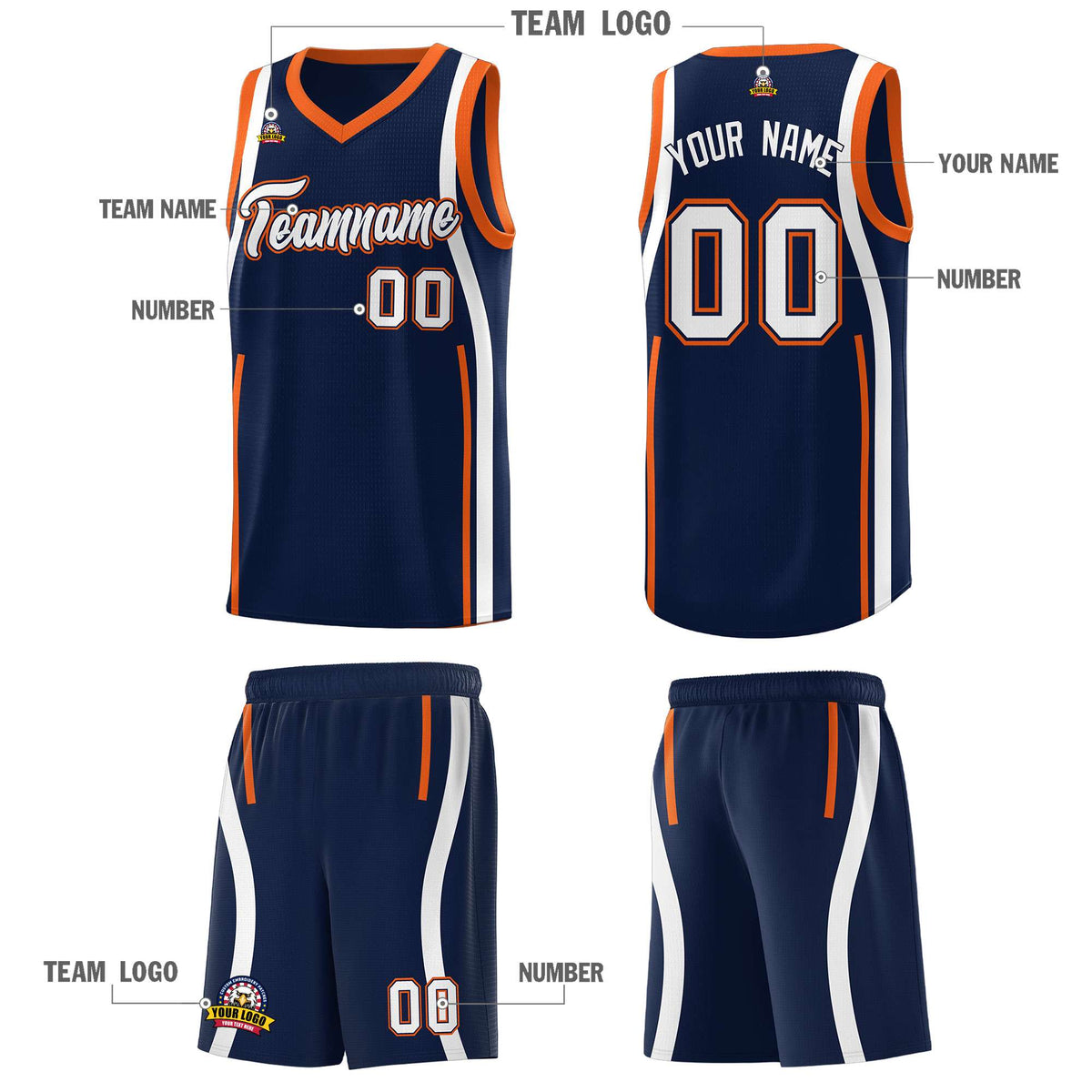 Custom Navy Orange-White Ribbon Pattern Basketball Kits