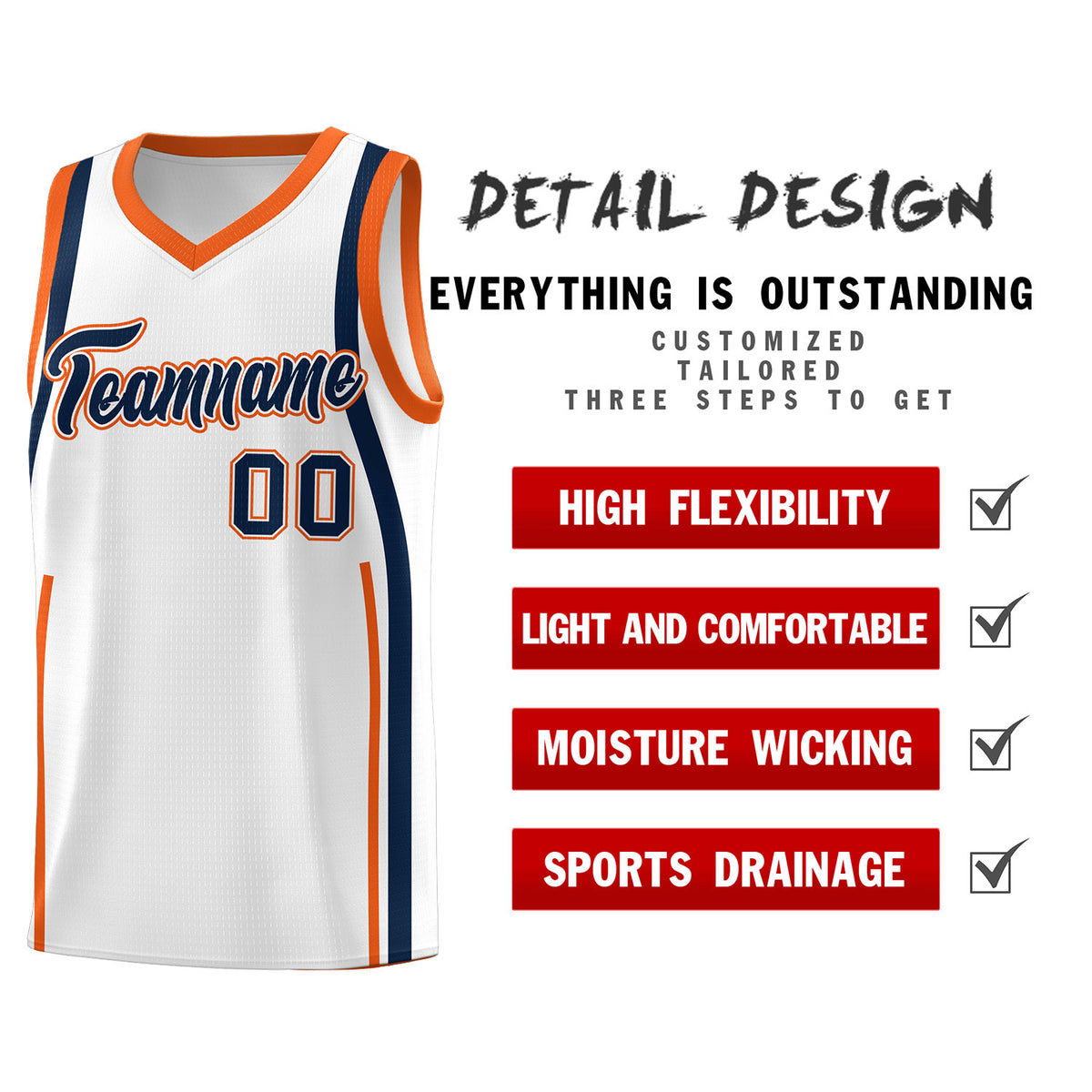 Custom White Navy-Orange Ribbon Pattern Basketball Kits