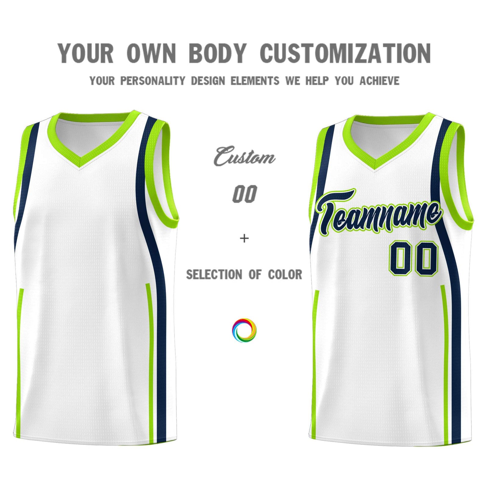 Custom White Fluorescent Green-Navy Ribbon Pattern Basketball Kits