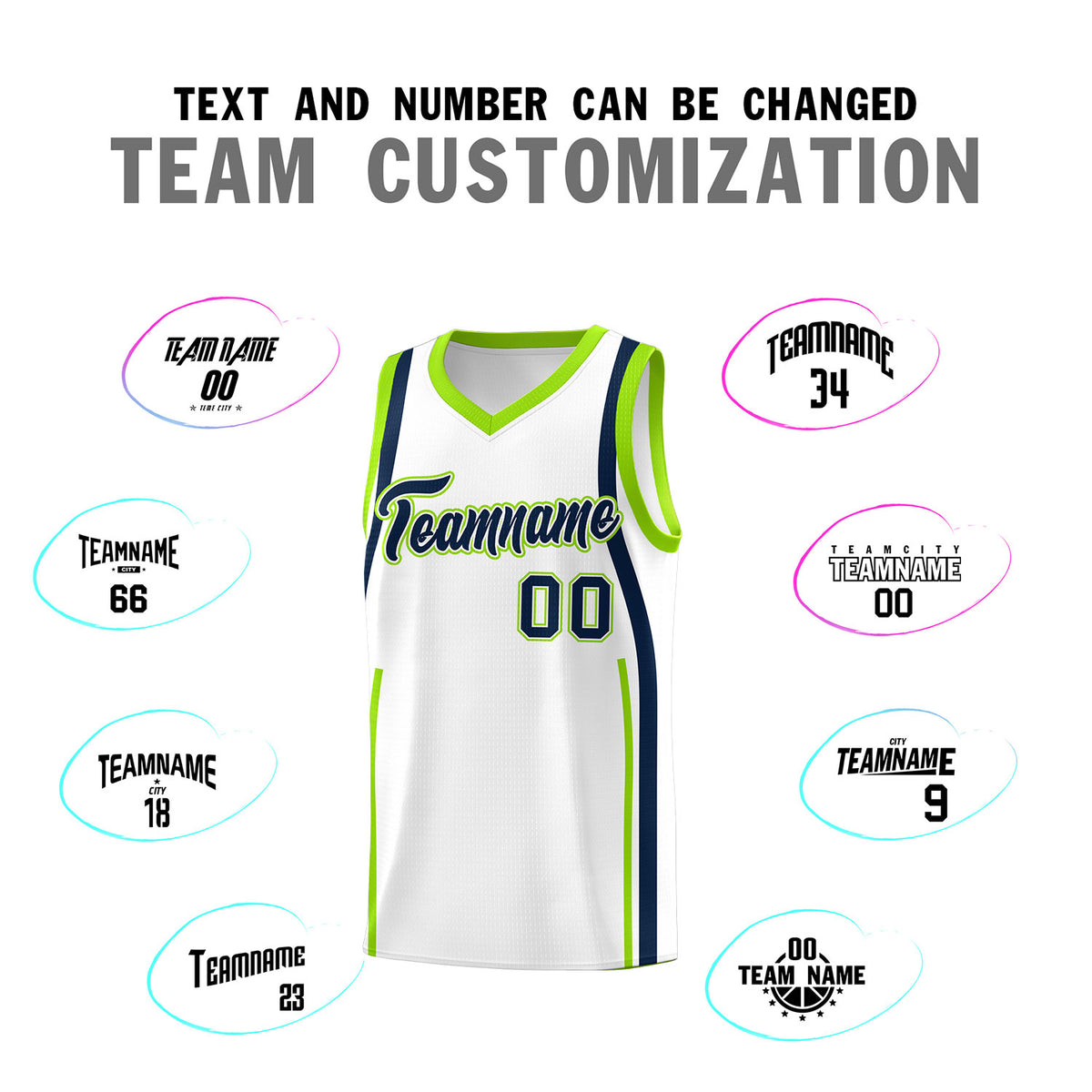 Custom White Fluorescent Green-Navy Ribbon Pattern Basketball Kits
