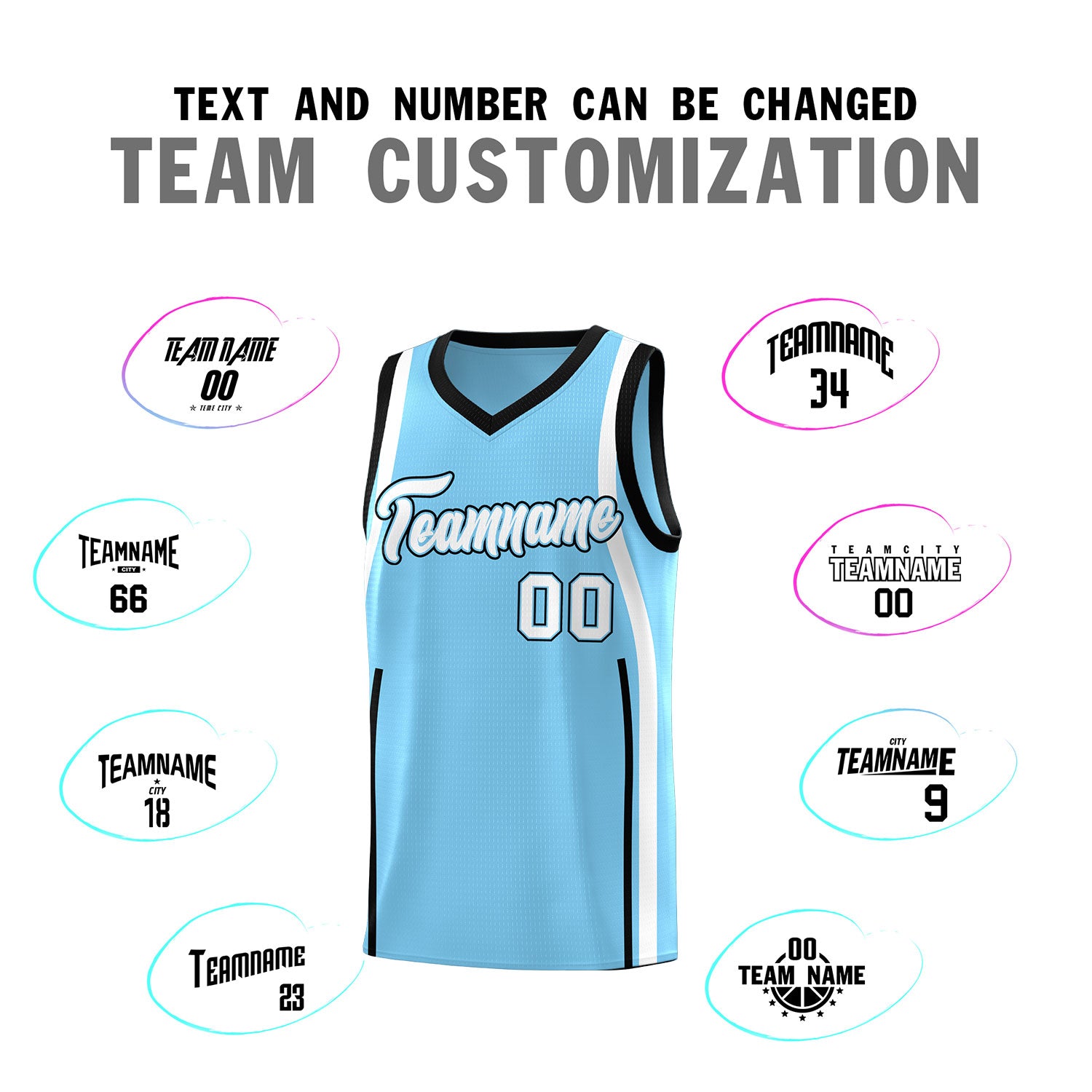 Custom Light Blue Black-White Ribbon Pattern Basketball Kits