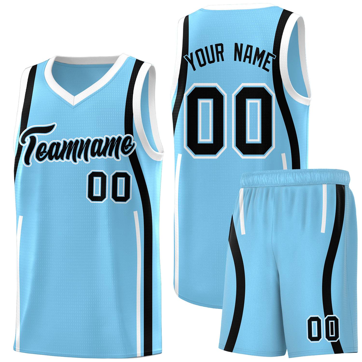 Custom Light Blue Black-White Ribbon Pattern Basketball Kits