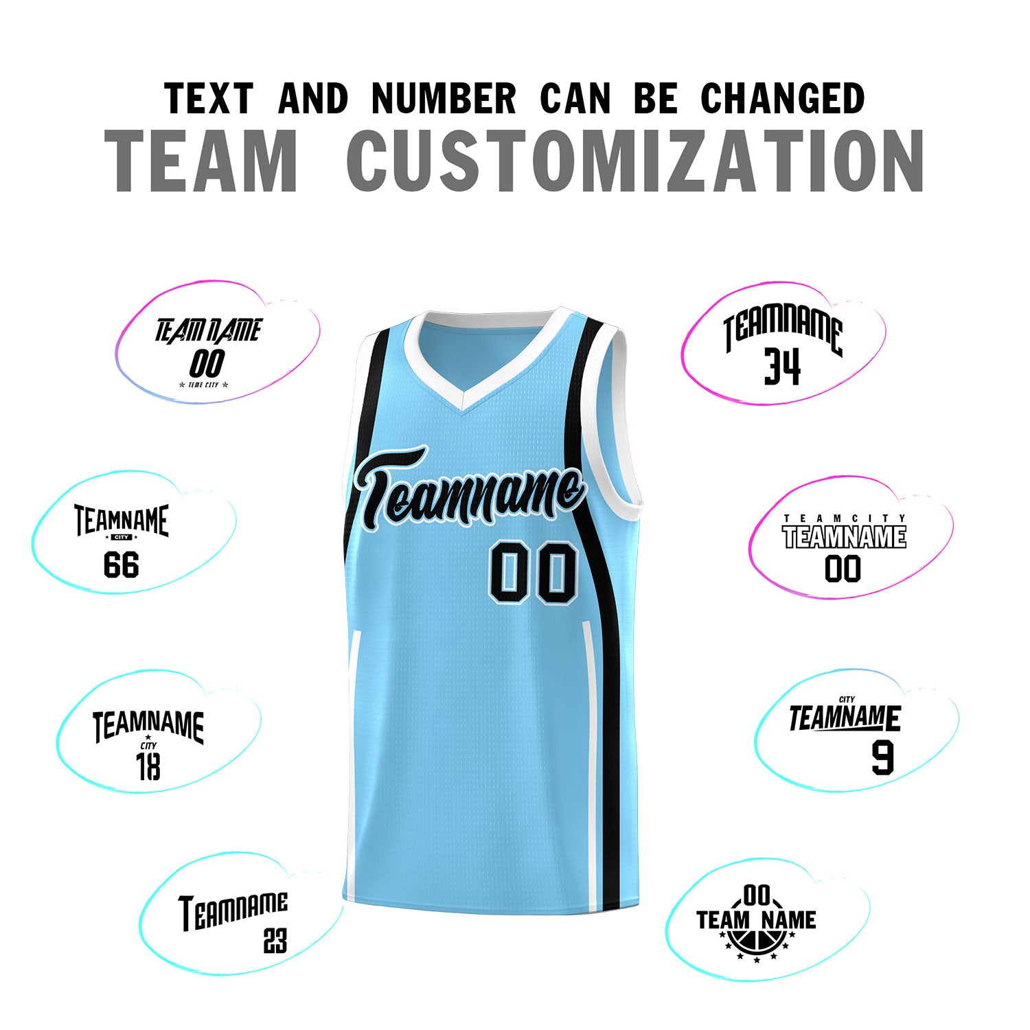 Custom Light Blue Black-White Ribbon Pattern Basketball Kits