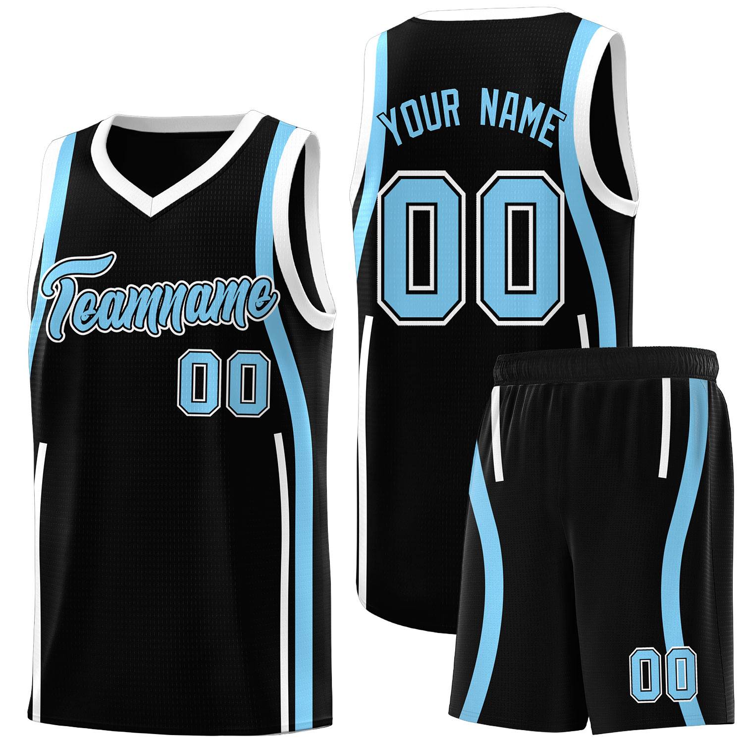 Custom Black Light Blue-White Ribbon Pattern Basketball Kits