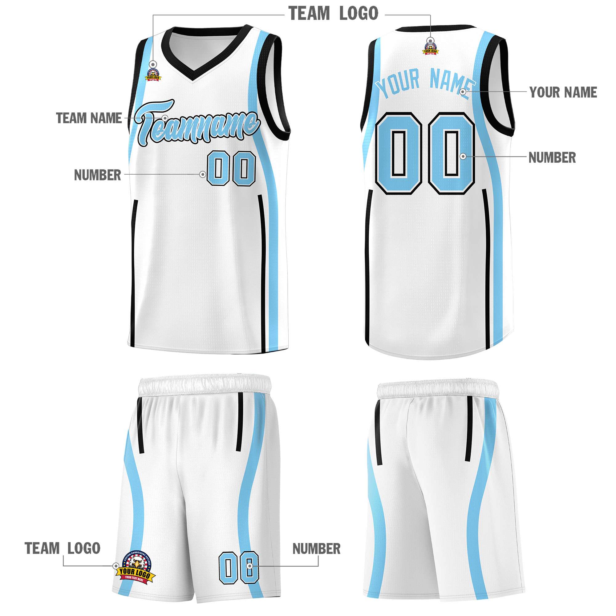 Custom White Light Blue-Black Ribbon Pattern Basketball Kits