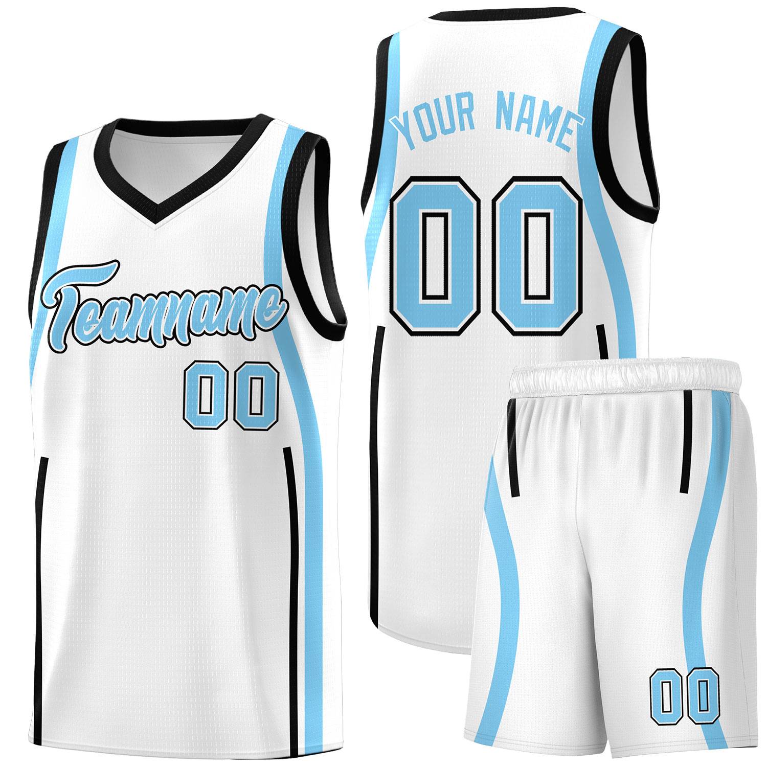 Custom White Light Blue-Black Ribbon Pattern Basketball Kits
