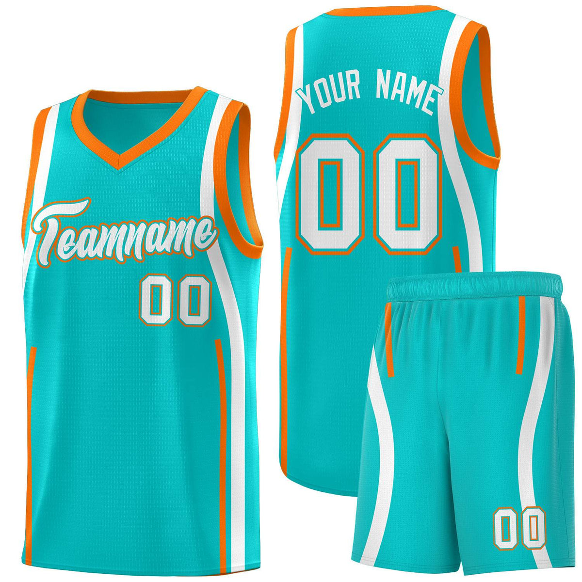 Custom Aqua Orange-White Ribbon Pattern Basketball Kits