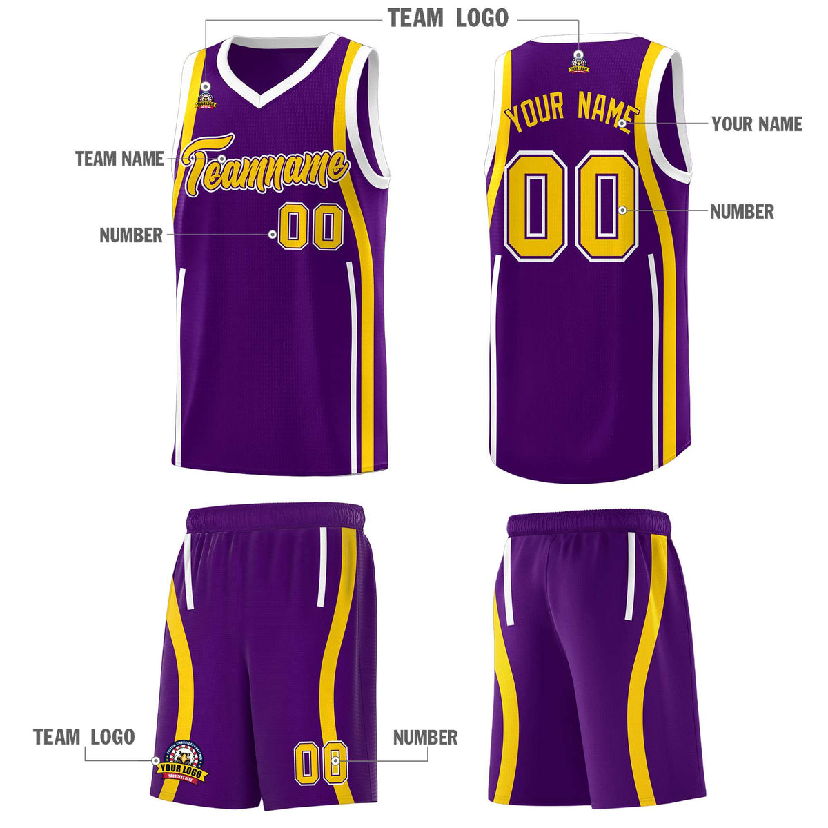 Custom Purple White-Gold Ribbon Pattern Basketball Kits