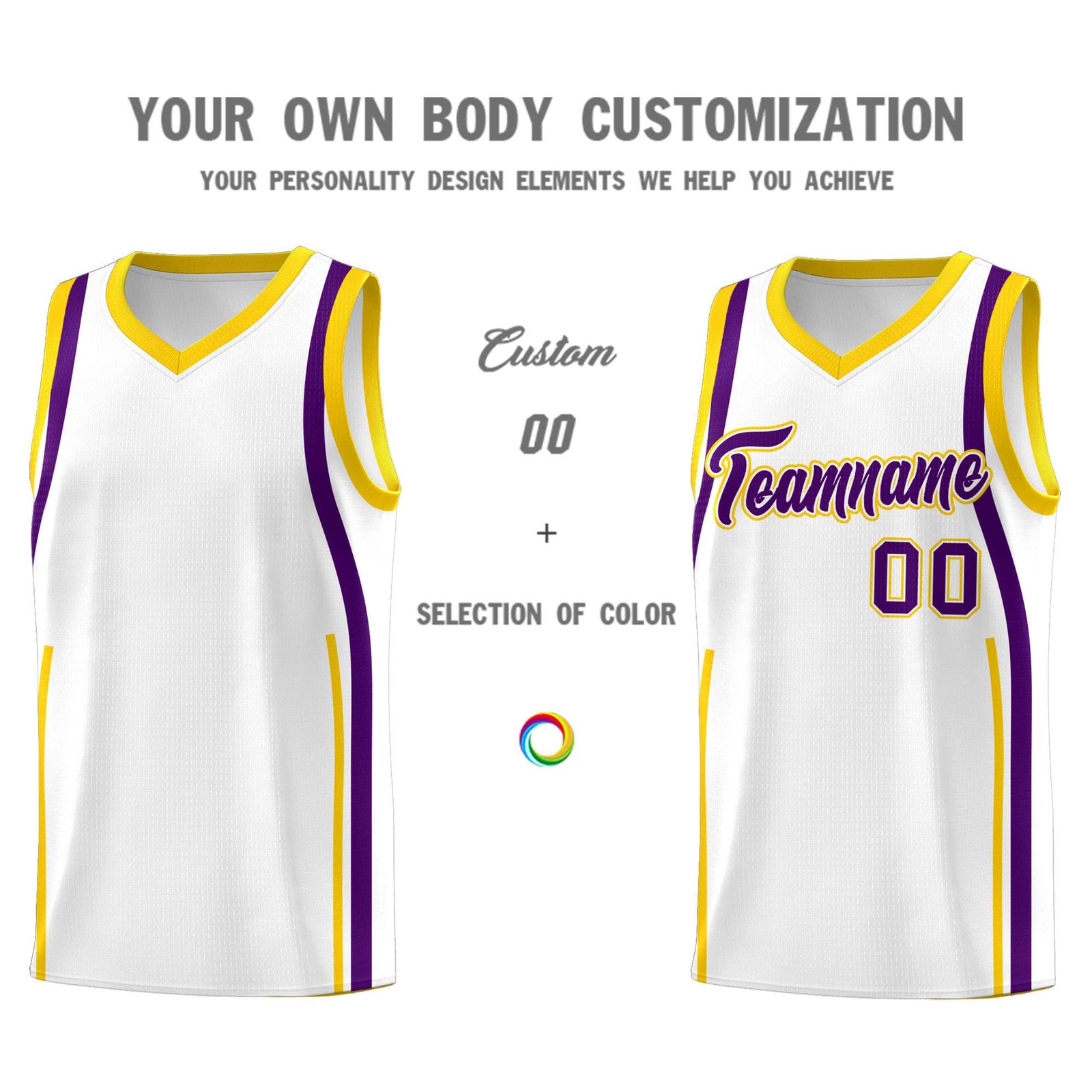 Custom White Purple-Gold Ribbon Pattern Basketball Kits