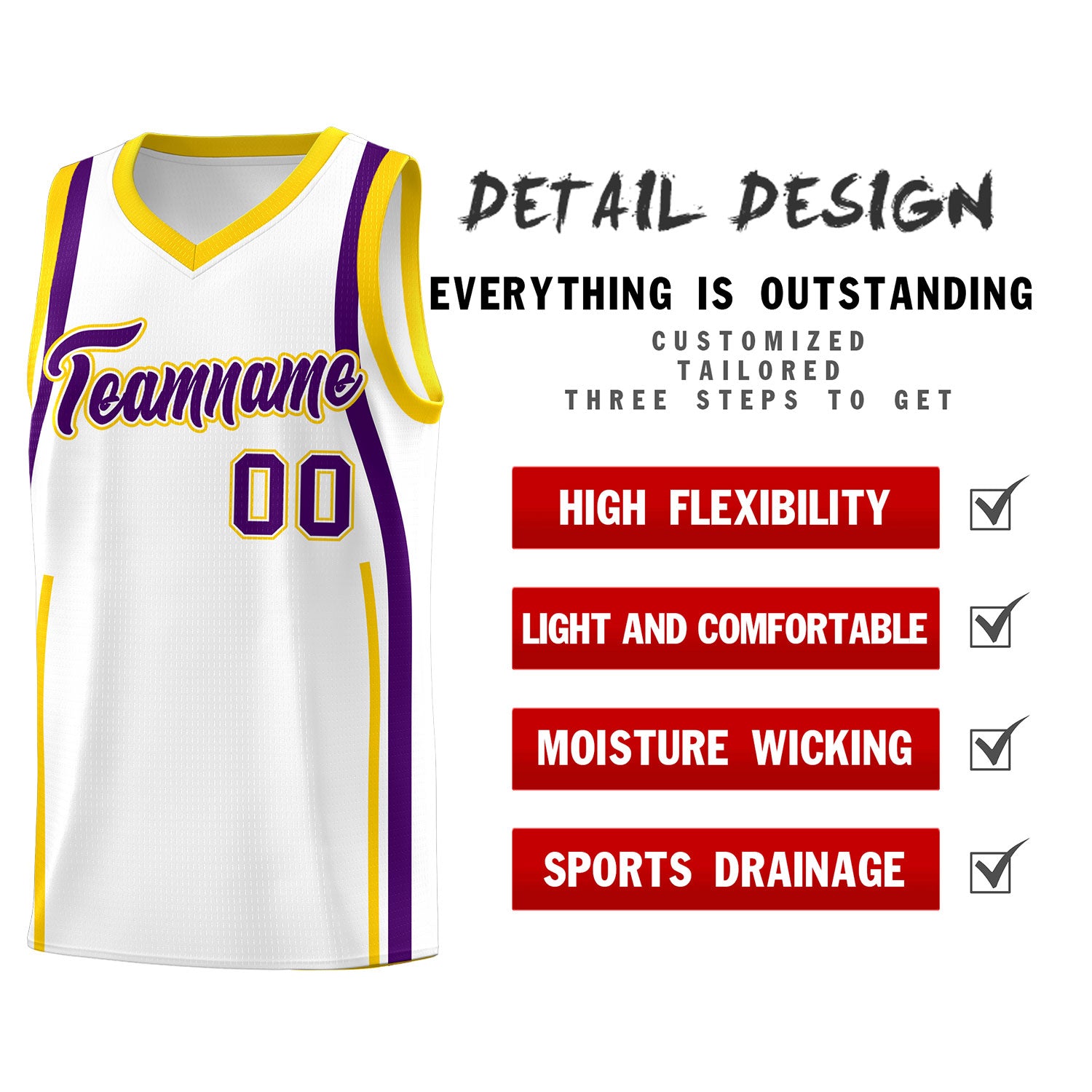 Custom White Purple-Gold Ribbon Pattern Basketball Kits
