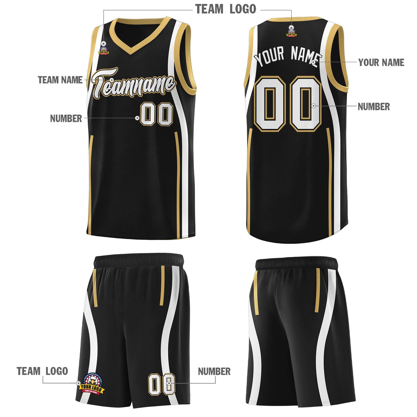 Custom Black Old Gold-White Ribbon Pattern Basketball Kits
