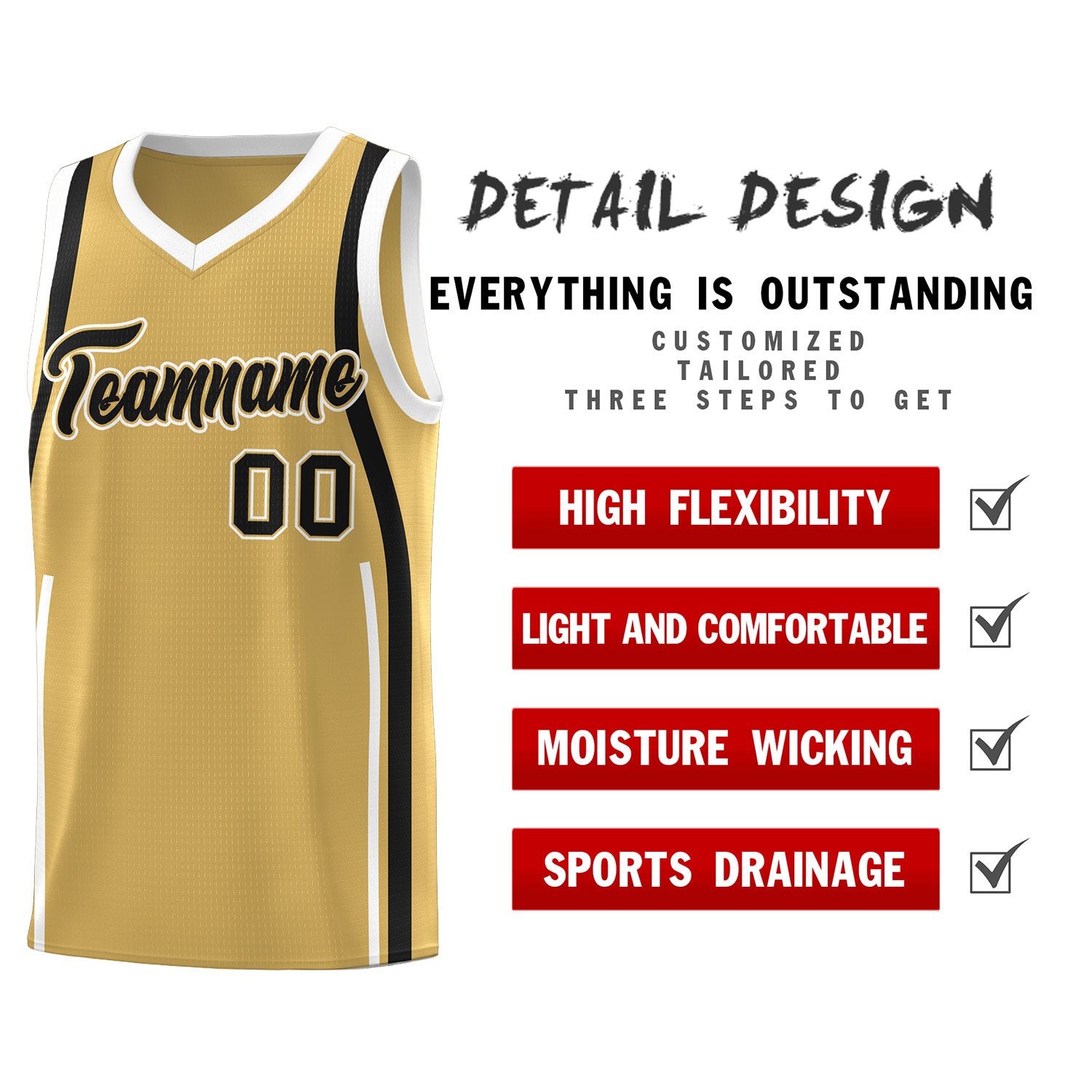 Custom Old Gold Black-White Ribbon Pattern Basketball Kits