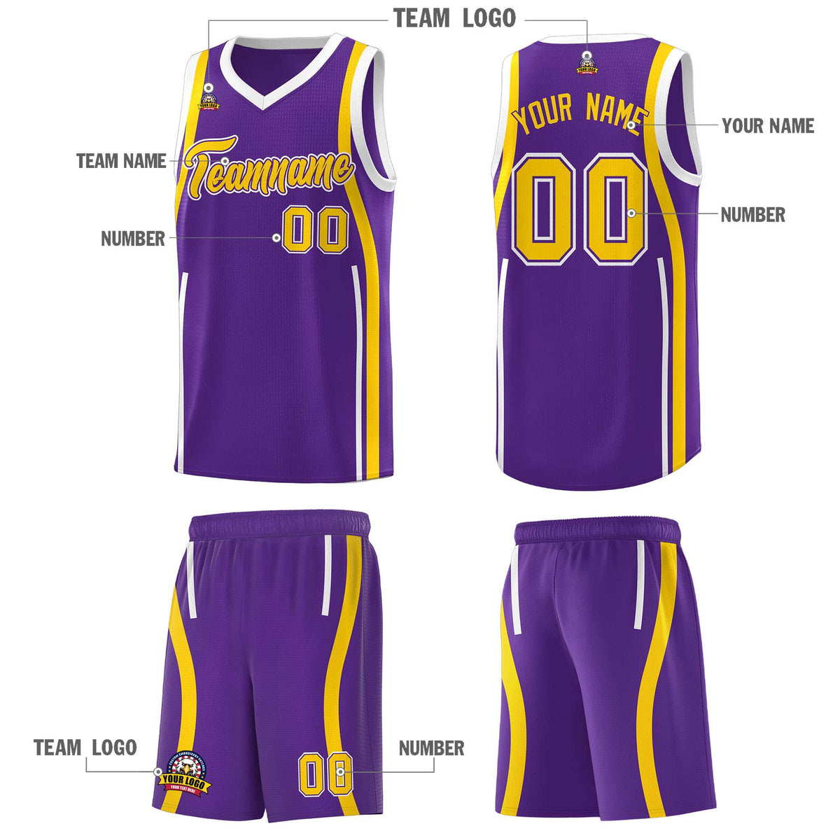 Custom Purple Gold-White Ribbon Pattern Basketball Kits