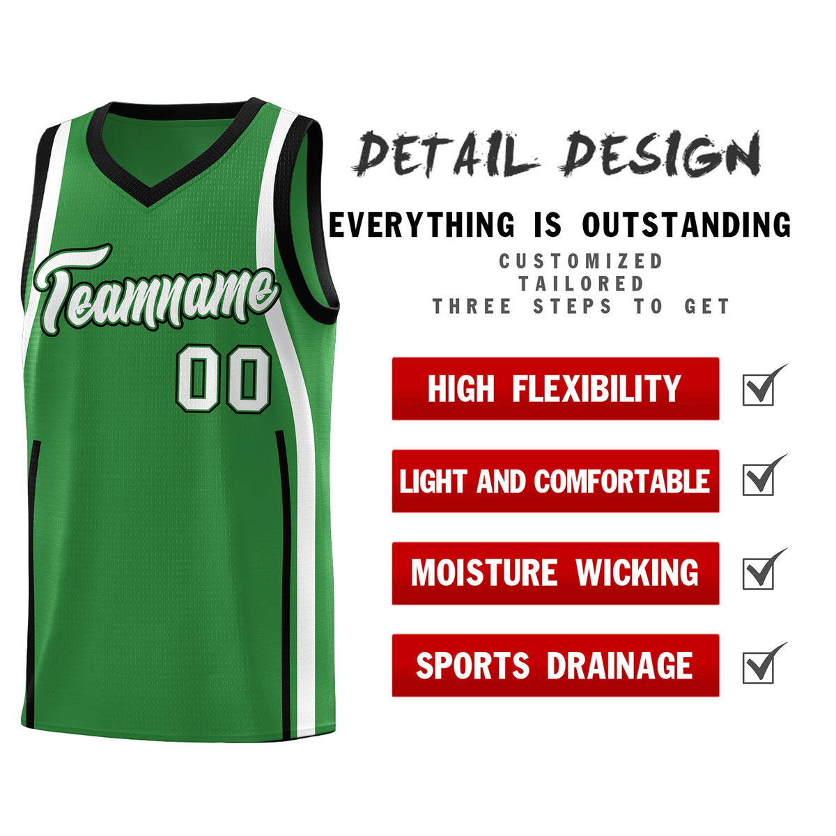 Custom Kelly Green Black-White Ribbon Pattern Basketball Kits