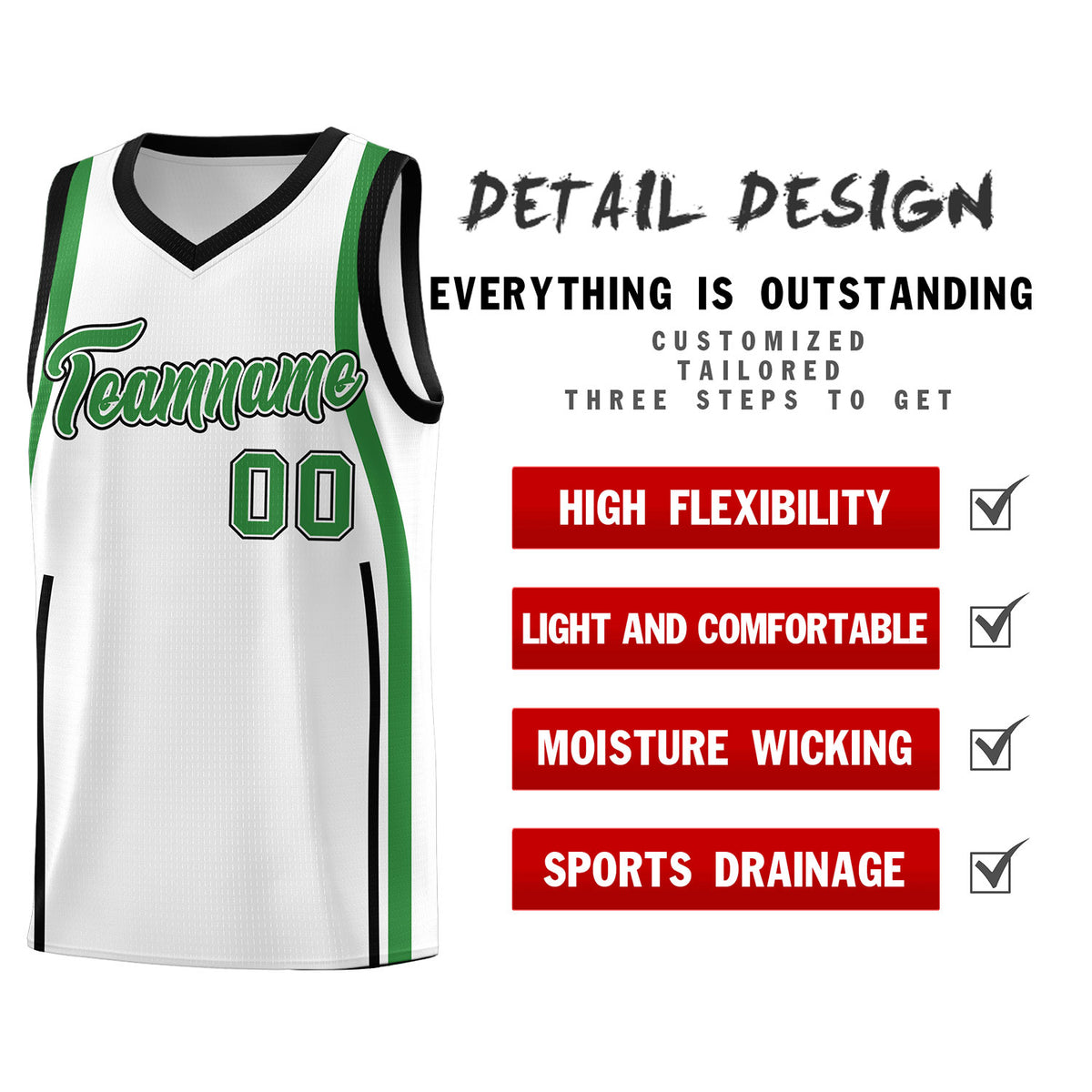 Custom White Kelly Green-White Ribbon Pattern Basketball Kits