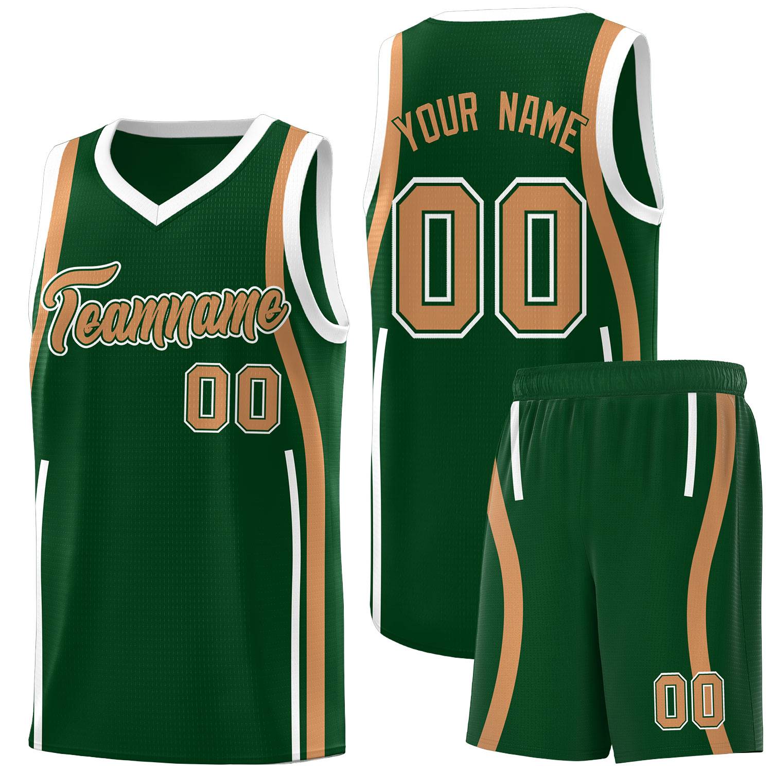 Custom Green Buckskin Brown-White Ribbon Pattern Basketball Kits