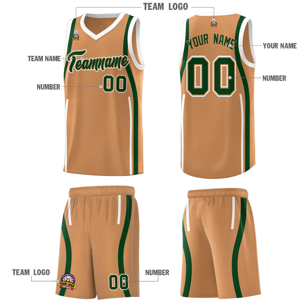Custom Buckskin Brown Green-White Ribbon Pattern Basketball Kits