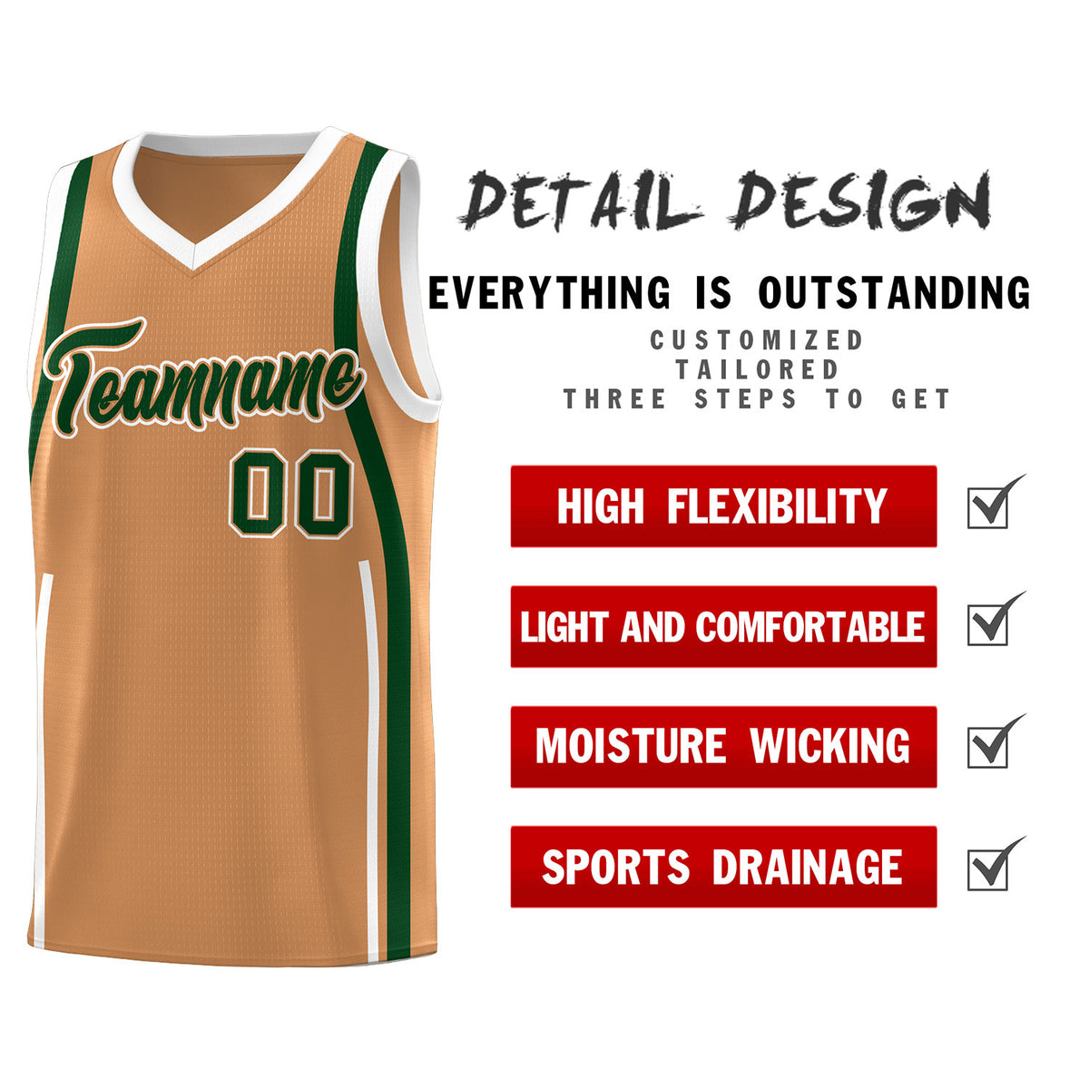 Custom Buckskin Brown Green-White Ribbon Pattern Basketball Kits