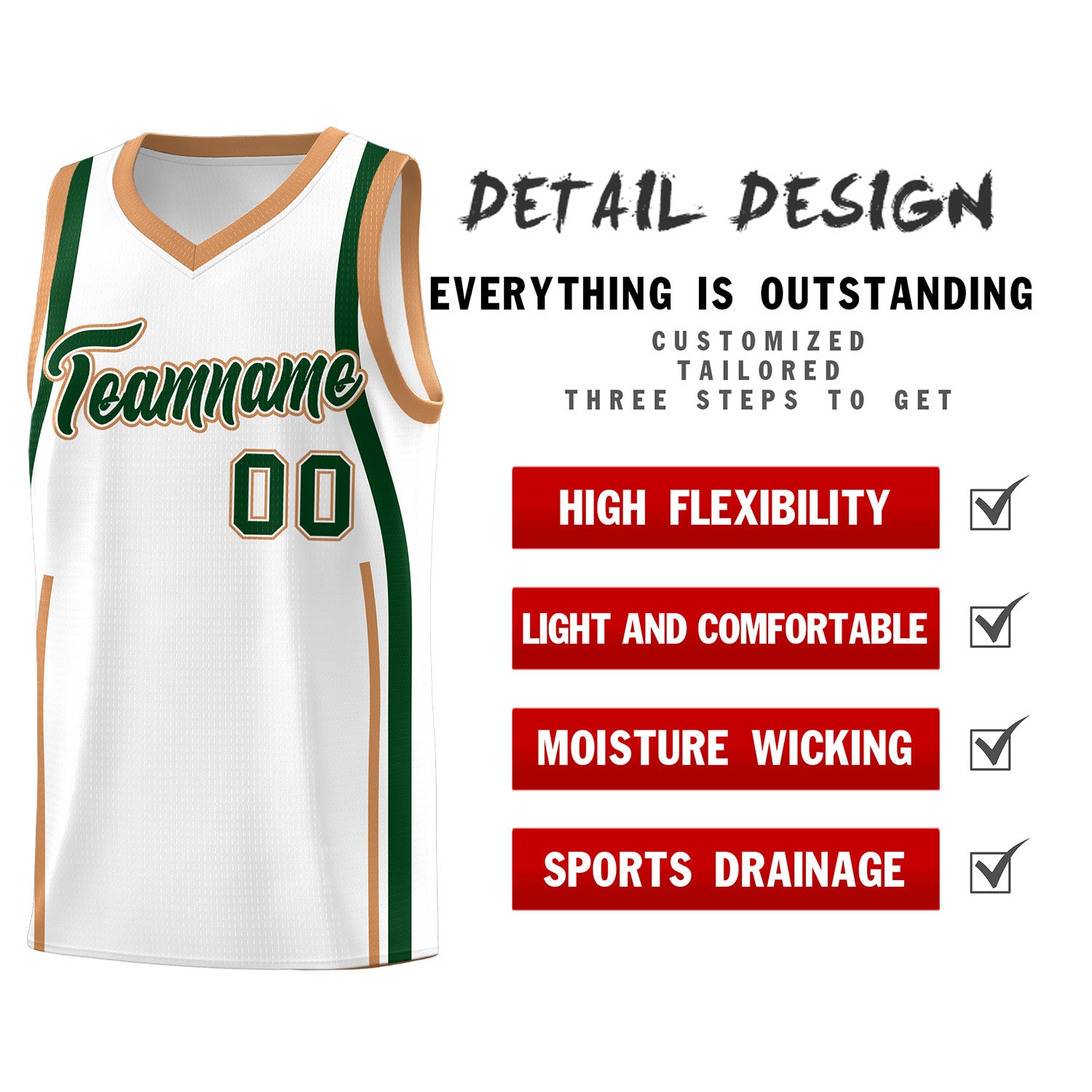 Custom White Green-Buckskin Brown Ribbon Pattern Basketball Kits