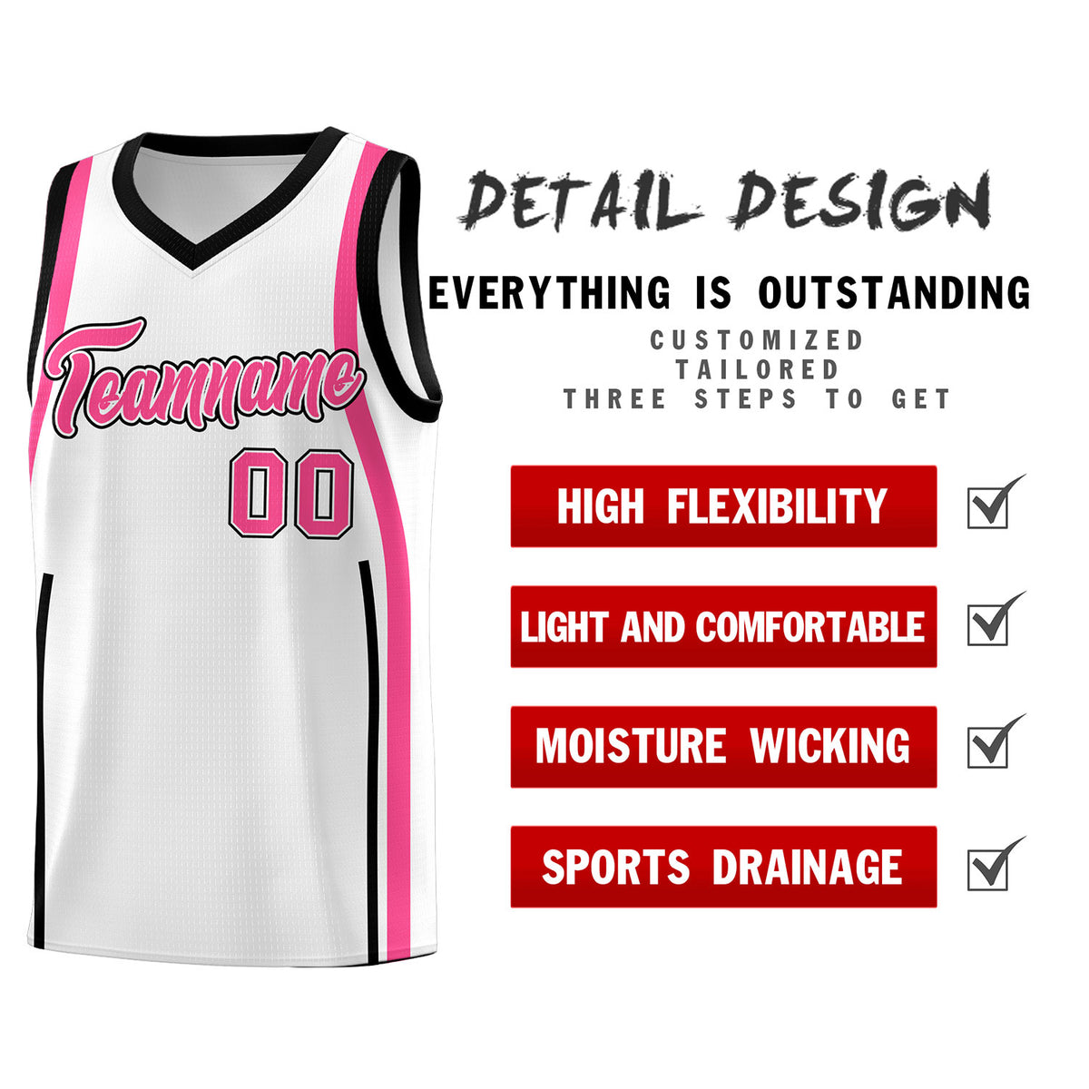 Custom White Pink-Black Ribbon Pattern Basketball Kits
