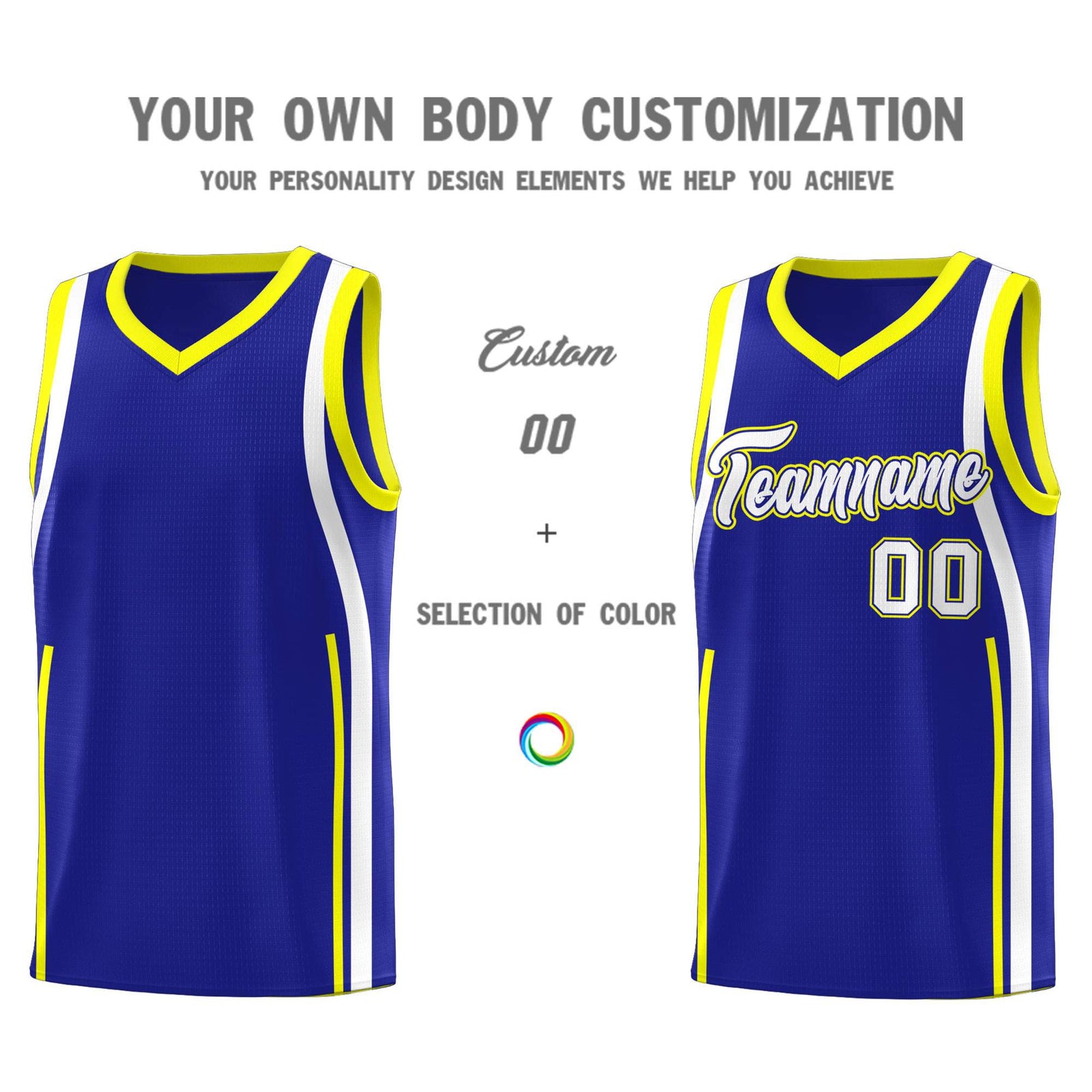 Custom Royal Fluorescent Yellow-White Ribbon Pattern Basketball Kits