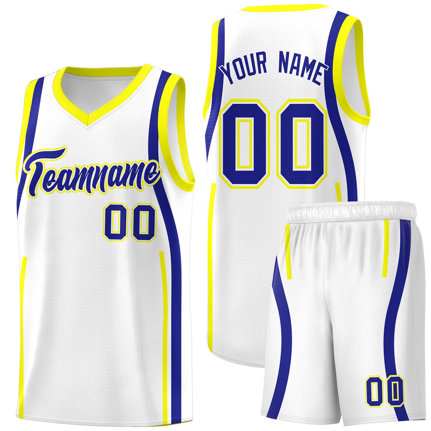 Custom White Royal-Fluorescent Yellow Ribbon Pattern Basketball Kits
