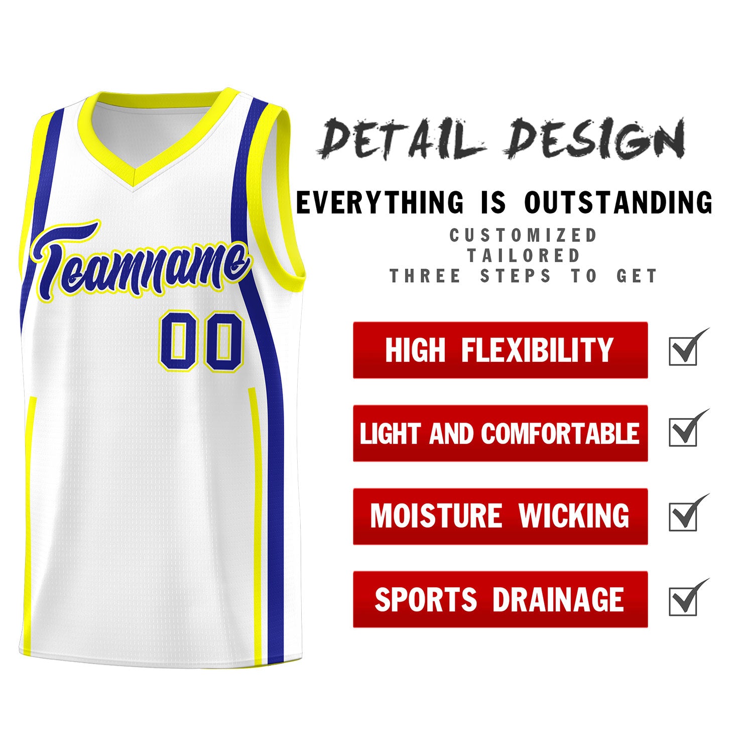 Custom White Royal-Fluorescent Yellow Ribbon Pattern Basketball Kits