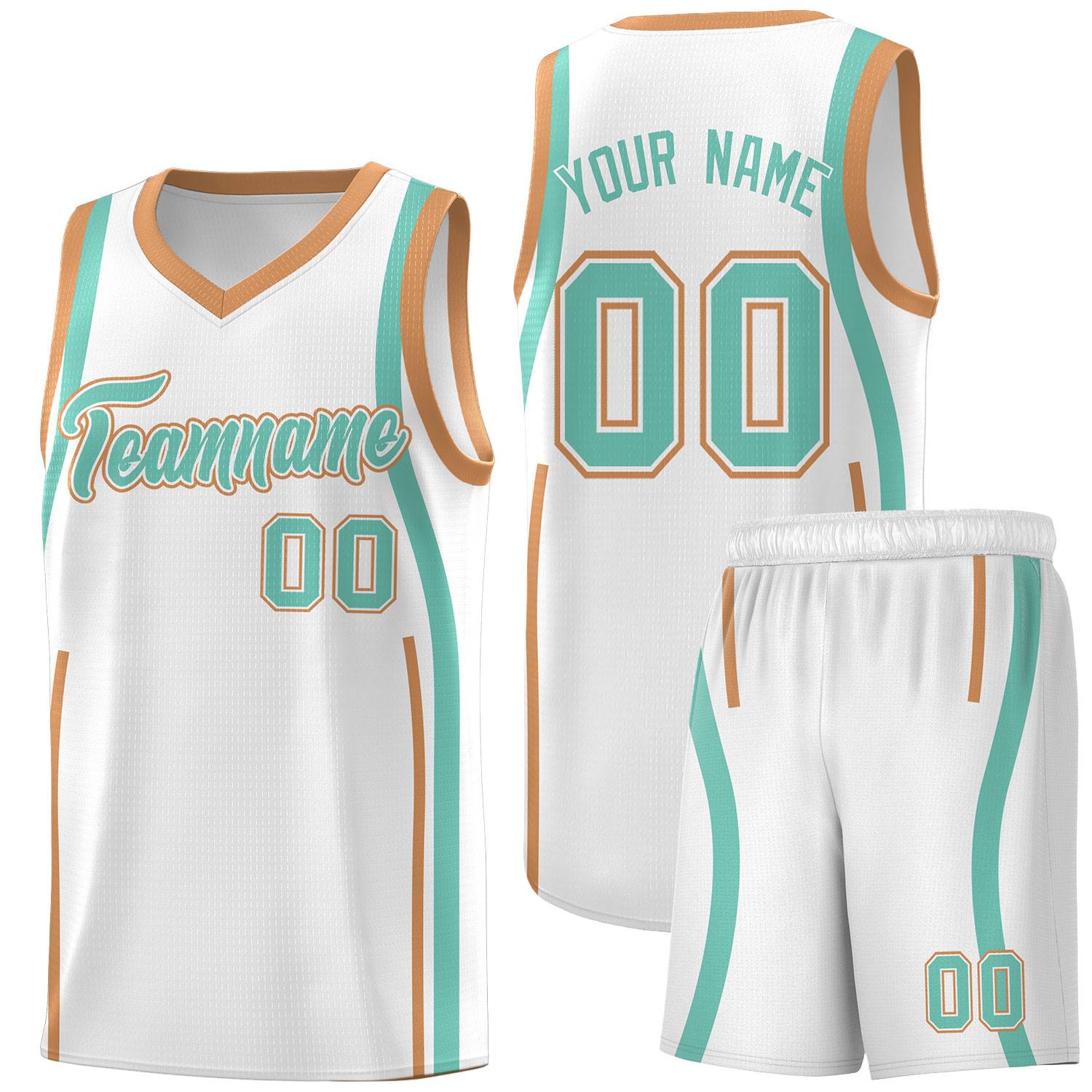 Custom White Bright Green-Buckskin Brown Ribbon Pattern Basketball Kits
