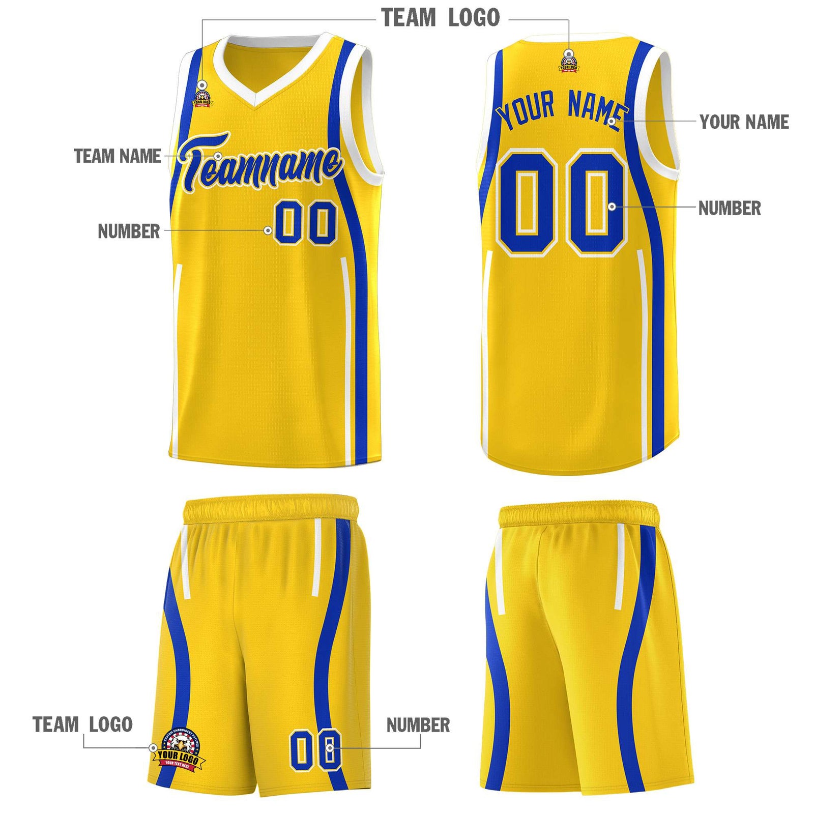 Custom Gold Royal-White Ribbon Pattern Basketball Kits