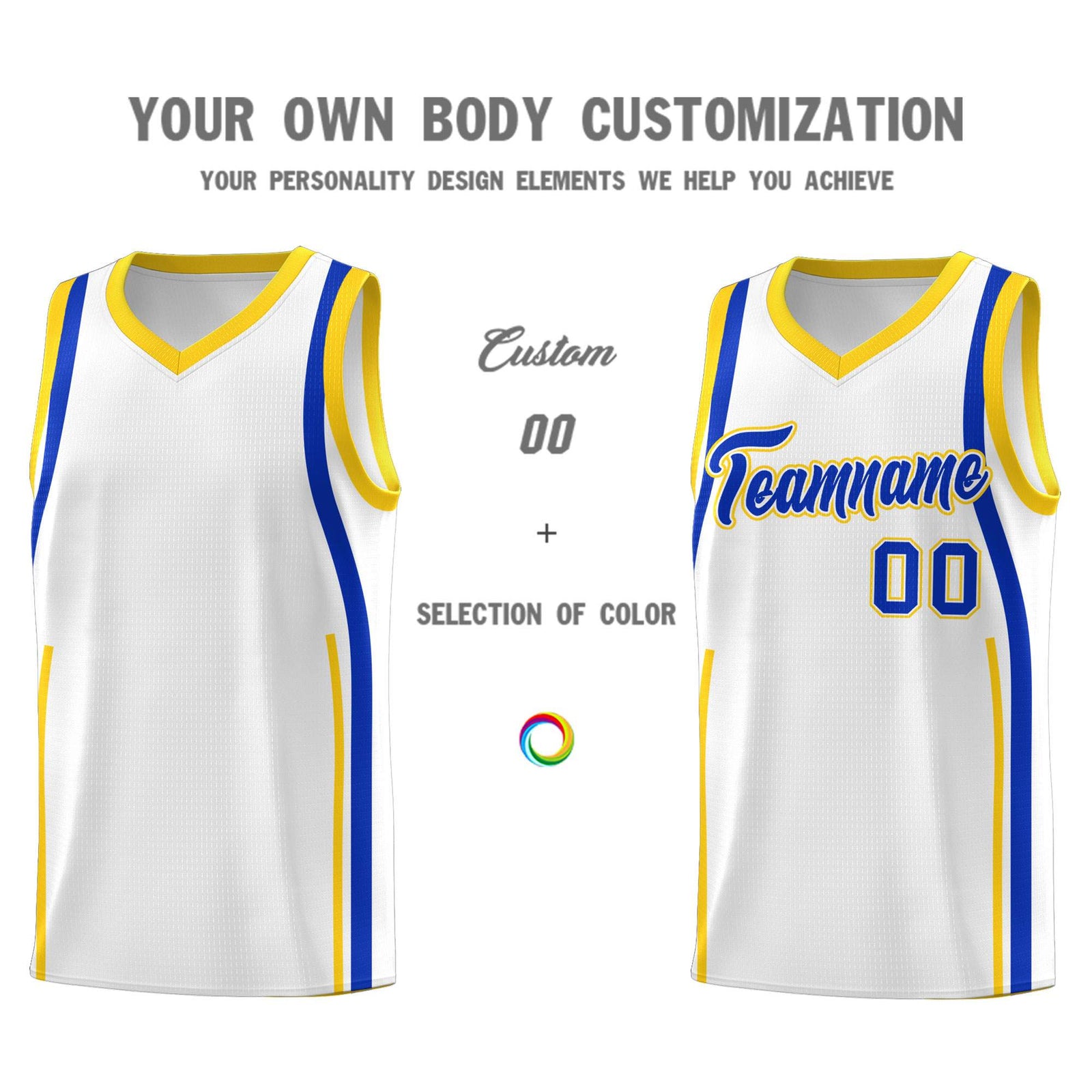 Custom White Royal-Gold Ribbon Pattern Basketball Kits