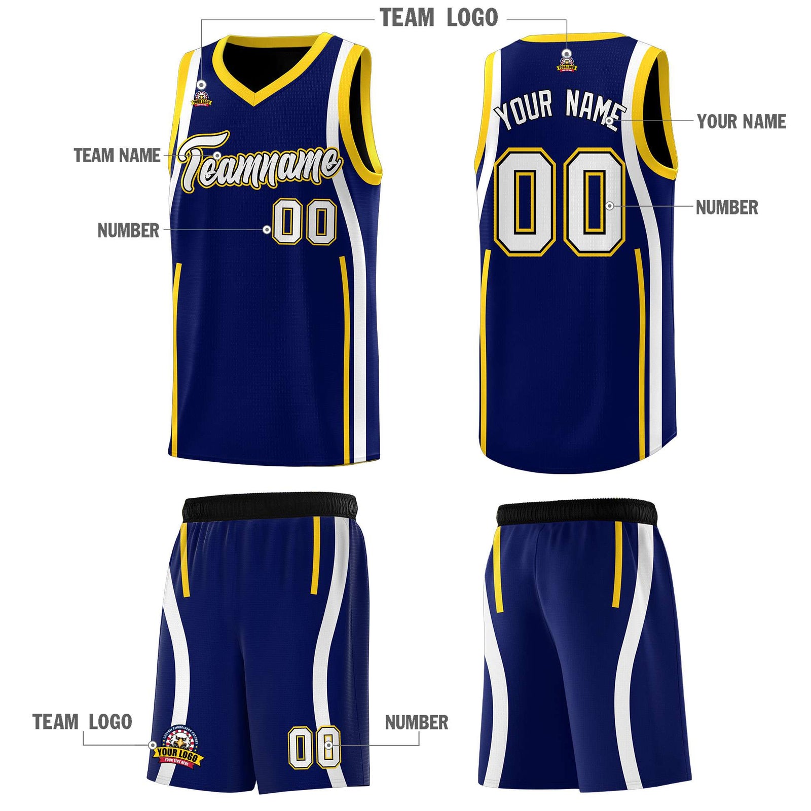 Custom Navy Gold-White Ribbon Pattern Basketball Kits