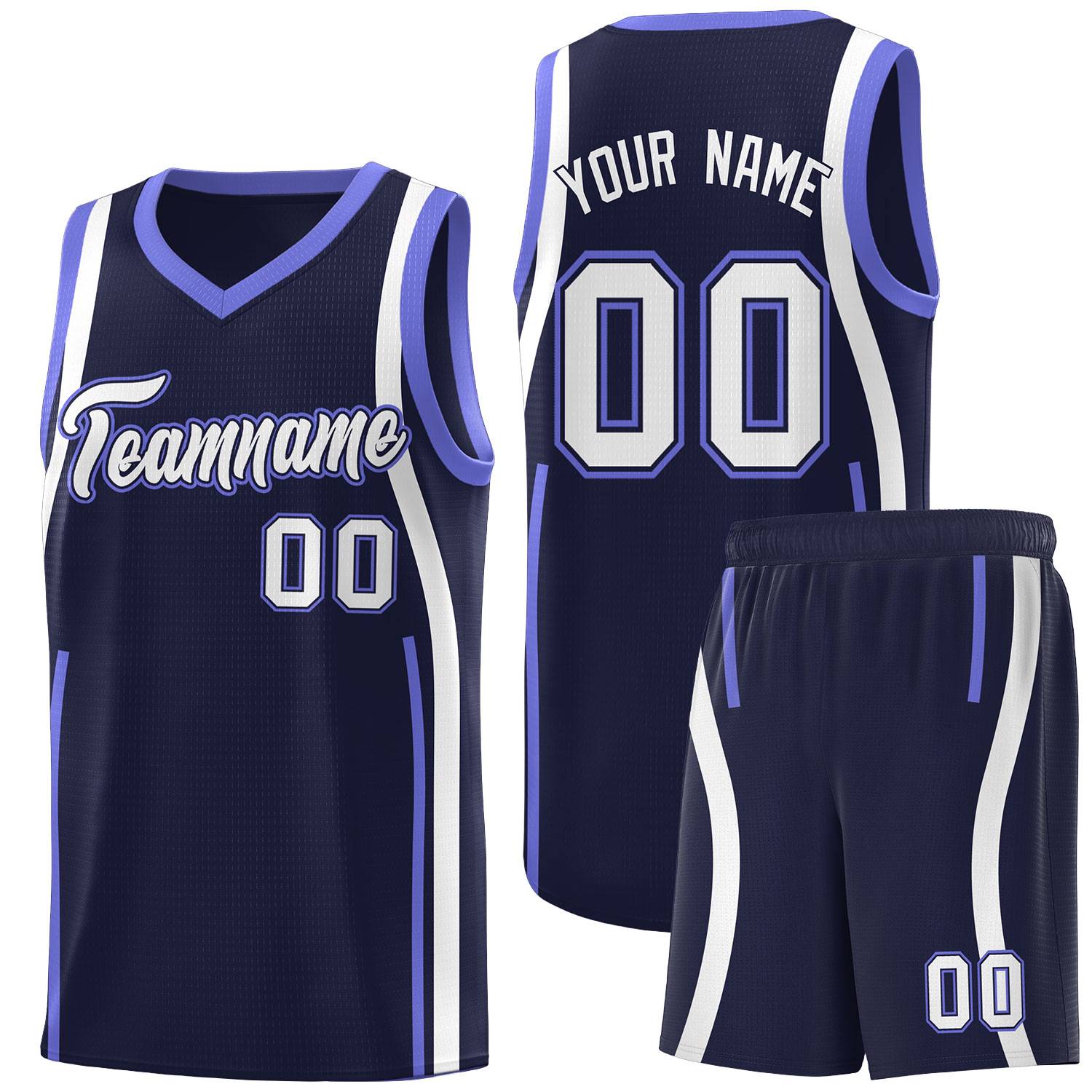 Custom Navy Purple-White Ribbon Pattern Basketball Kits