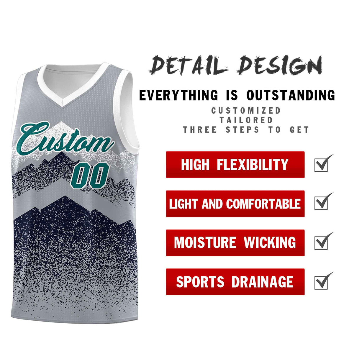 Custom Youth Basketball Jerseys Gray Navy Gradient Mountain Design Uniforms