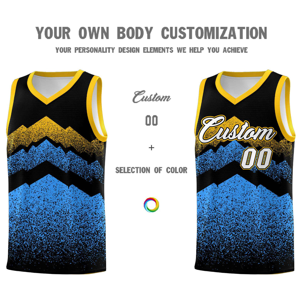 Custom Youth Basketball Jerseys Black Powder Blue Gradient Mountain Design Uniforms