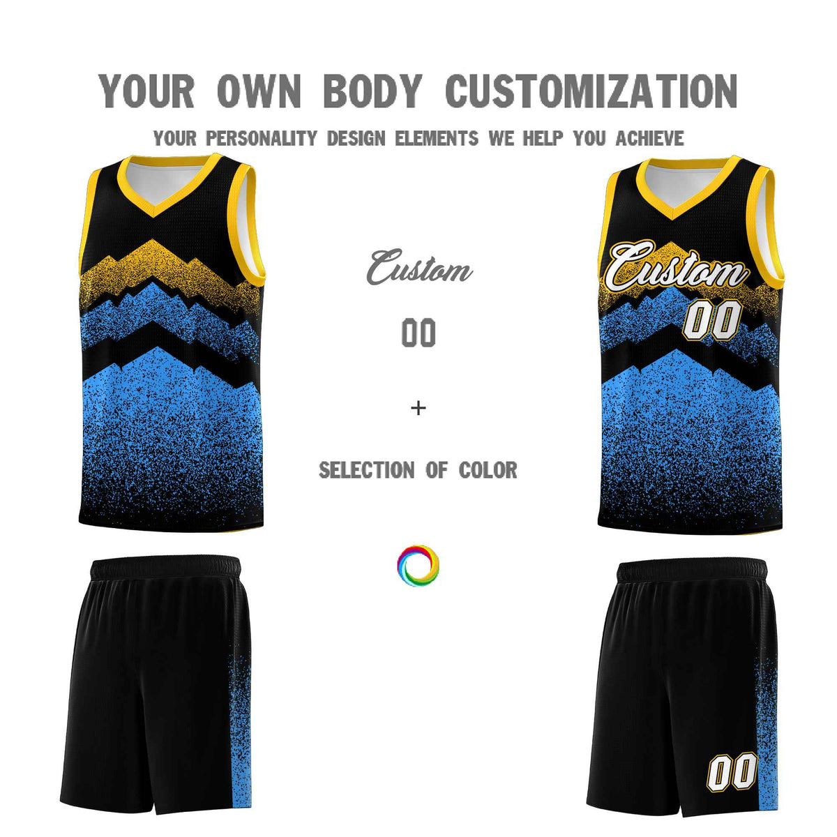 Custom Youth Basketball Jerseys Black Powder Blue Gradient Mountain Design Uniforms