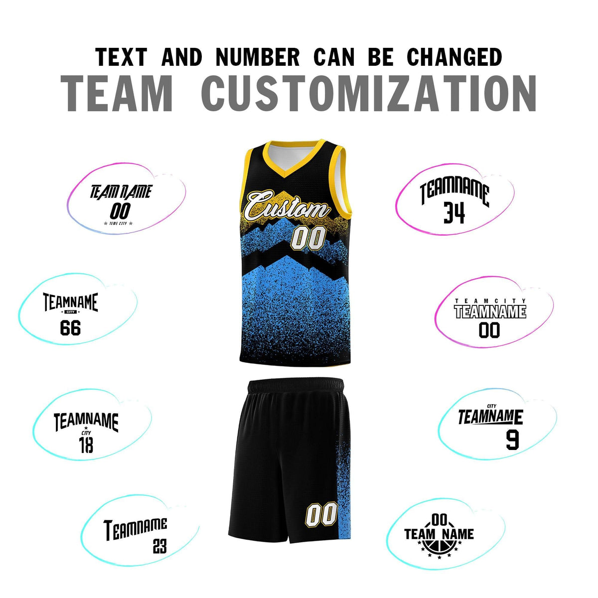 Custom Youth Basketball Jerseys Black Powder Blue Gradient Mountain Design Uniforms