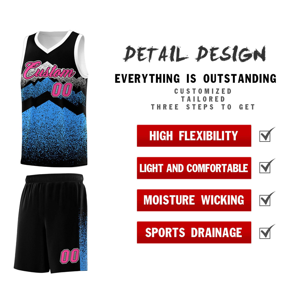 Personalized Youth Basketball Jerseys   Black Powder Blue Gradient Mountain Design Uniforms
