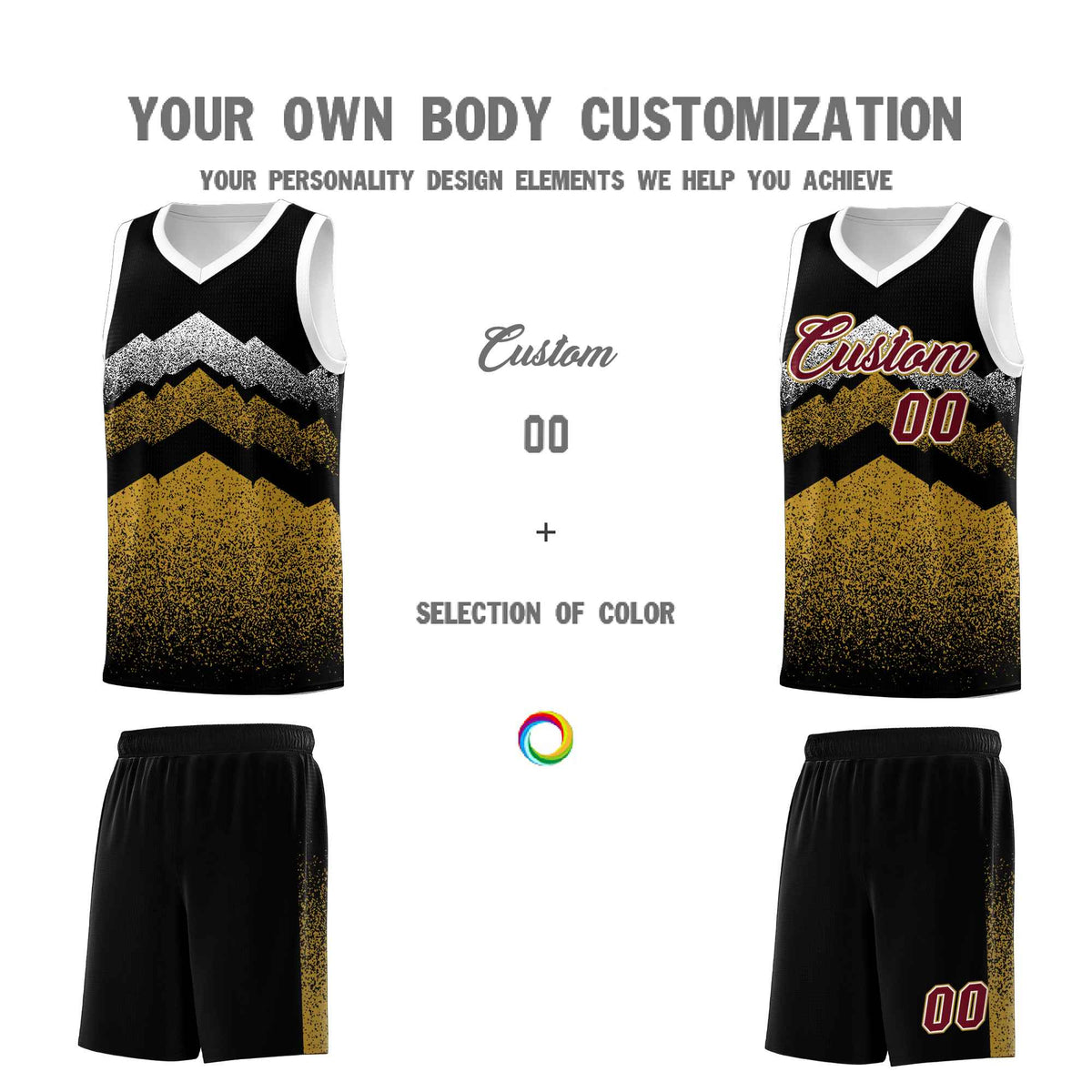 Custom Youth Basketball Jerseys Black Old Gold Gradient Mountain Design Uniforms