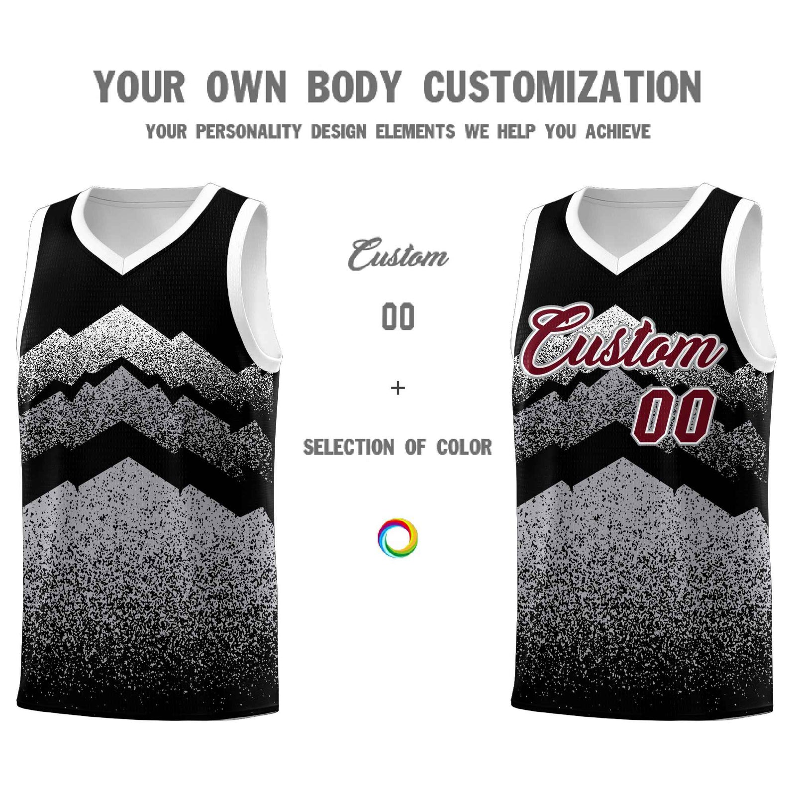 Personalized Youth Basketball Jerseys   Black Gray Gradient Mountain Design Uniforms