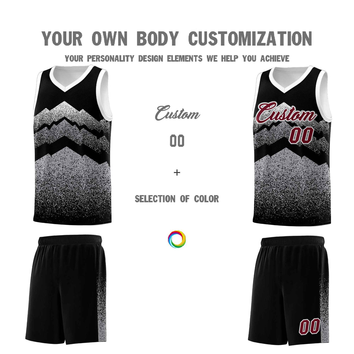 Personalized Youth Basketball Jerseys   Black Gray Gradient Mountain Design Uniforms
