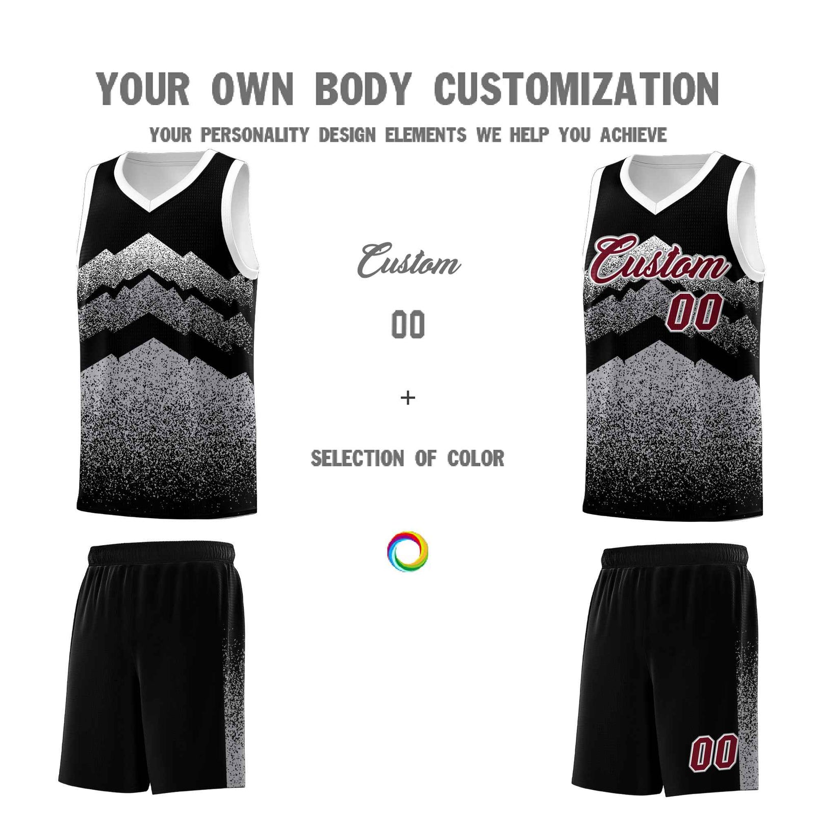 Personalized Youth Basketball Jerseys   Black Gray Gradient Mountain Design Uniforms
