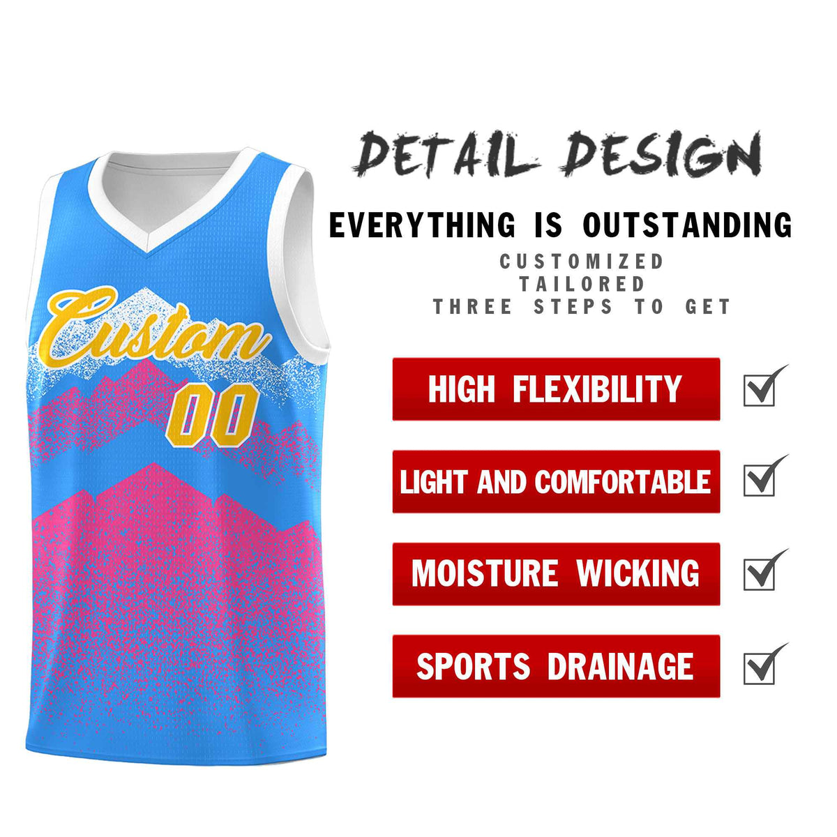 Custom Youth Basketball Jerseys Powder Blue Pink Gradient Mountain Design Uniforms
