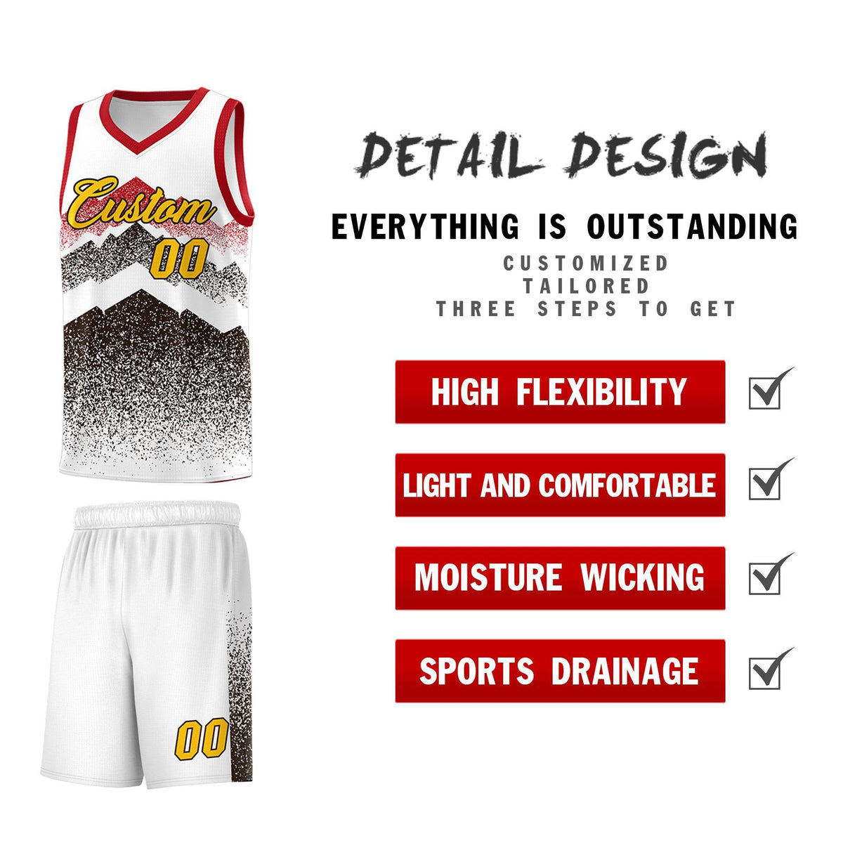 Custom Youth Basketball Jerseys White Brown Gradient Mountain Design Uniforms