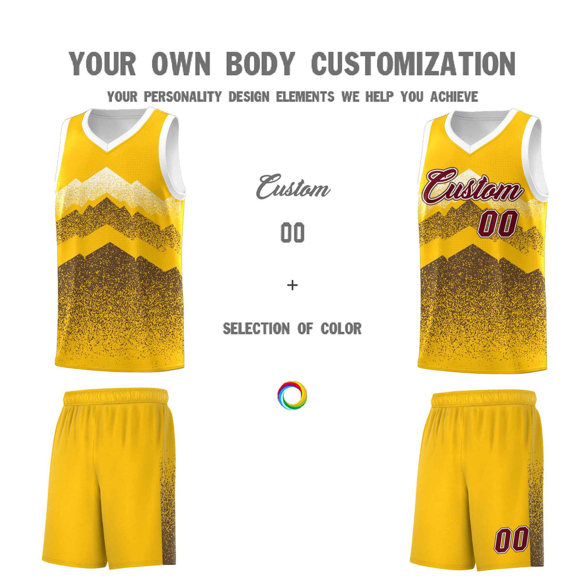 Custom Youth Basketball Jerseys Gold Coffee Gradient Mountain Design Uniforms