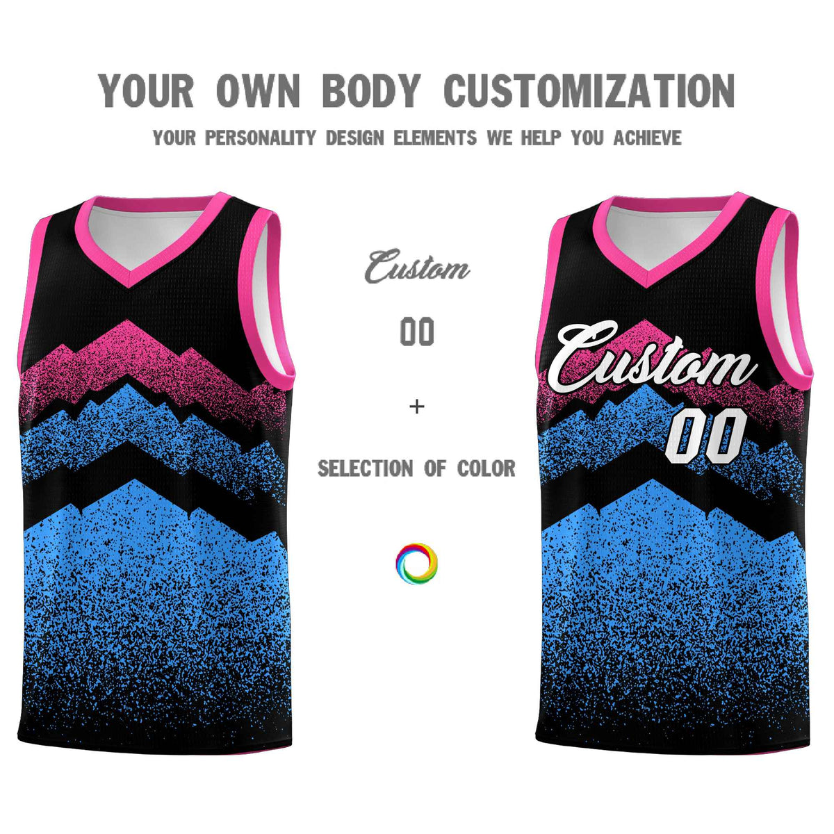 Custom Youth Basketball Jerseys Black Powder Blue Gradient Mountain Design Uniforms