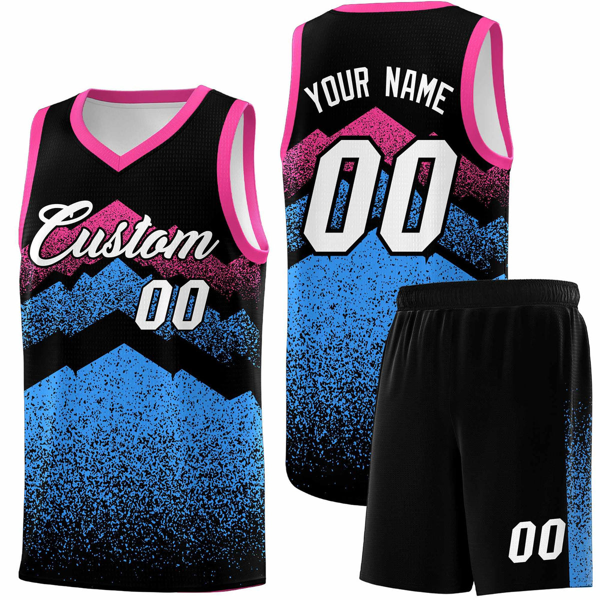 Custom Youth Basketball Jerseys Black Powder Blue Gradient Mountain Design Uniforms
