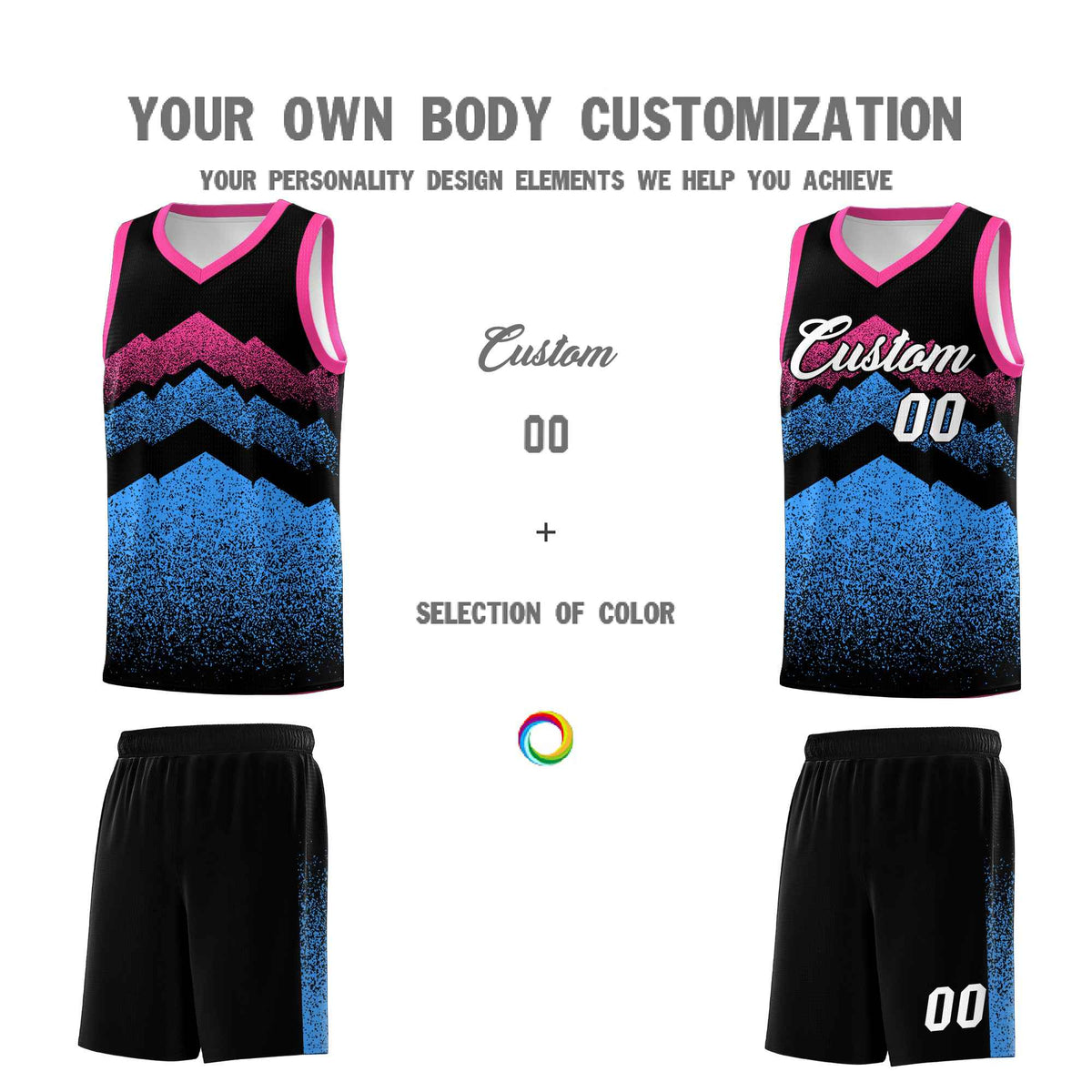 Custom Youth Basketball Jerseys Black Powder Blue Gradient Mountain Design Uniforms